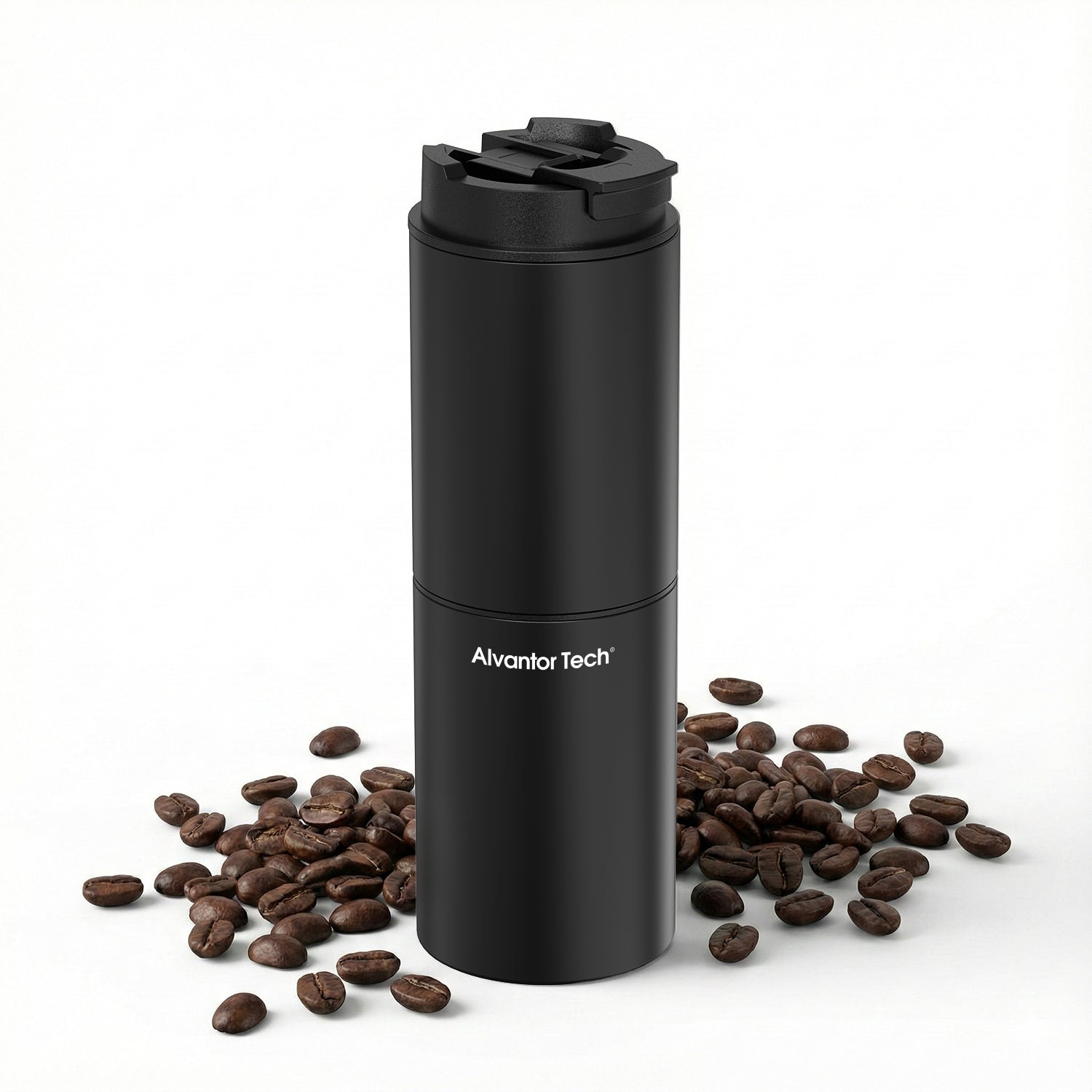 Alvantor Tech® Portable Coffee Maker with Grinder, 3-in-1 Grind & Brew Travel Coffee Cup, 38 Grind Settings, 2000mAh Rechargeable Battery (Up to 15–20 Cups/Charge), SUS304 Vacuum Insulated Stainless Steel, Double-Layer Filter, Ceramic Alloy Burr