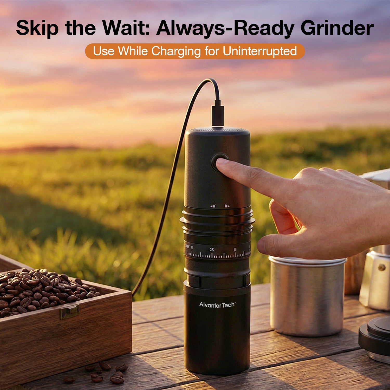 Alvantor Tech® Portable Coffee Maker with Grinder, 3-in-1 Grind & Brew Travel Coffee Cup, 38 Grind Settings, 2000mAh Rechargeable Battery (Up to 15–20 Cups/Charge), SUS304 Vacuum Insulated Stainless Steel, Double-Layer Filter, Ceramic Alloy Burr