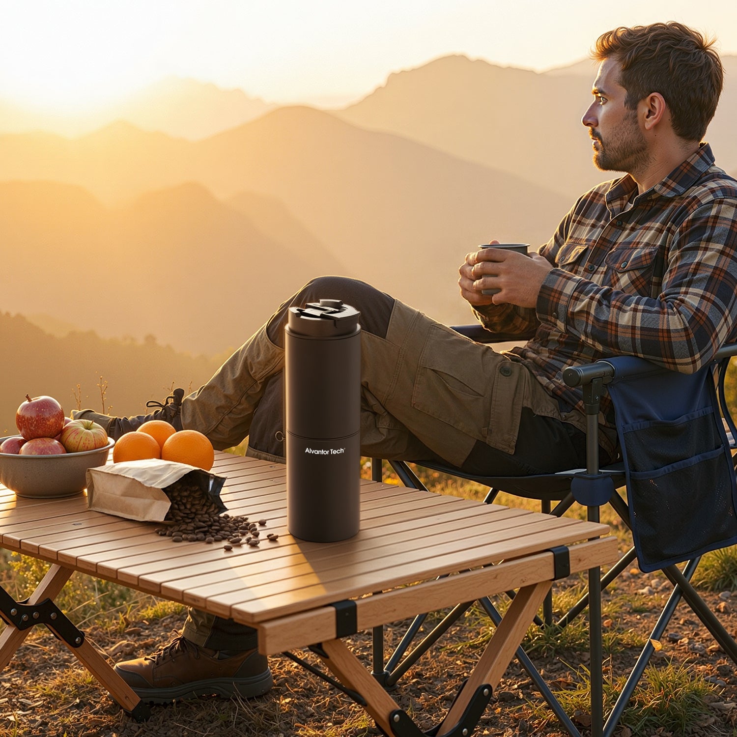 Alvantor Tech® Portable Coffee Maker with Grinder, 3-in-1 Grind & Brew Travel Coffee Cup, 38 Grind Settings, 2000mAh Rechargeable Battery (Up to 15–20 Cups/Charge), SUS304 Vacuum Insulated Stainless Steel, Double-Layer Filter, Ceramic Alloy Burr