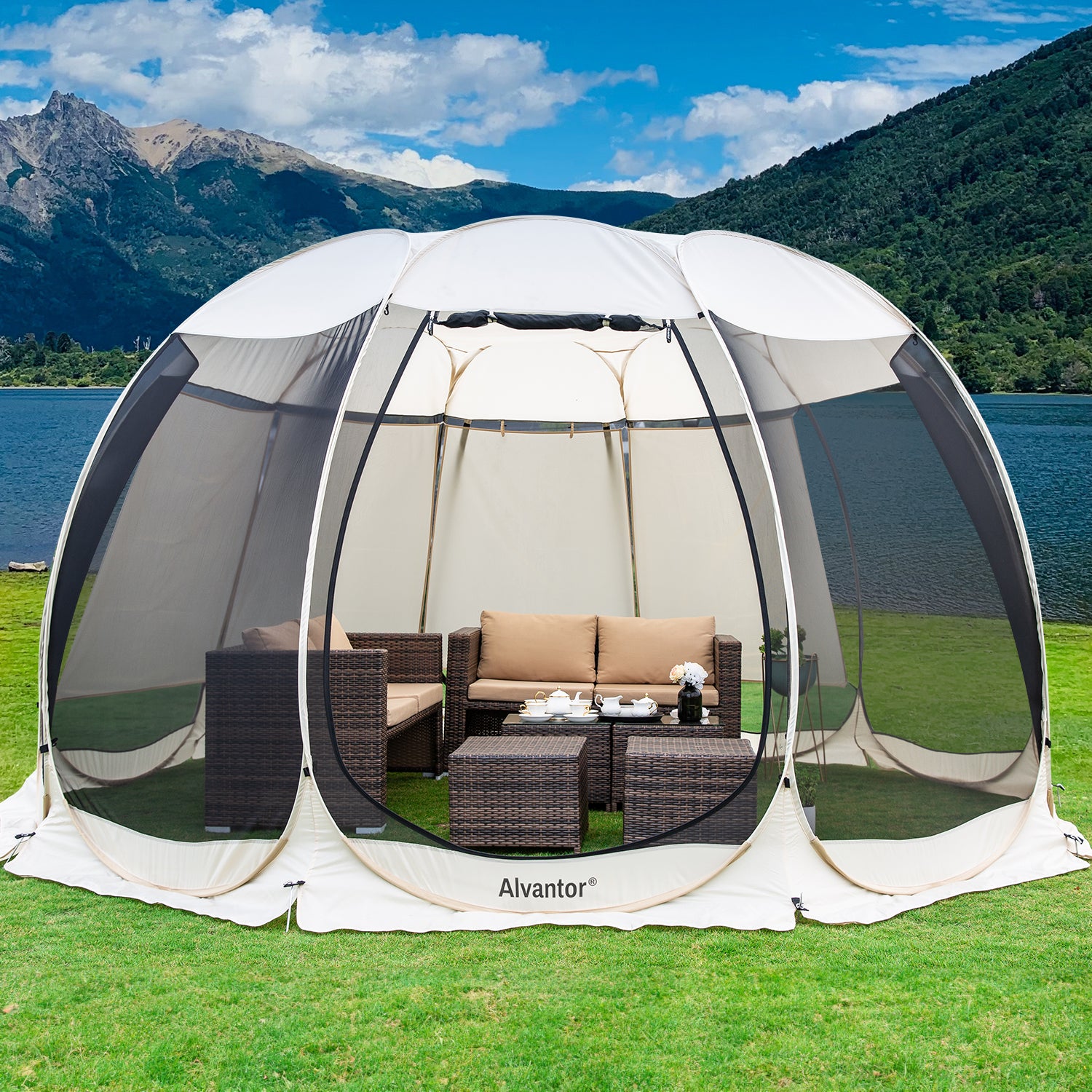 outdoor tent house Combo: Alvantor Pop Up Screen House Gazebo Tent with Sun Shade Set, En