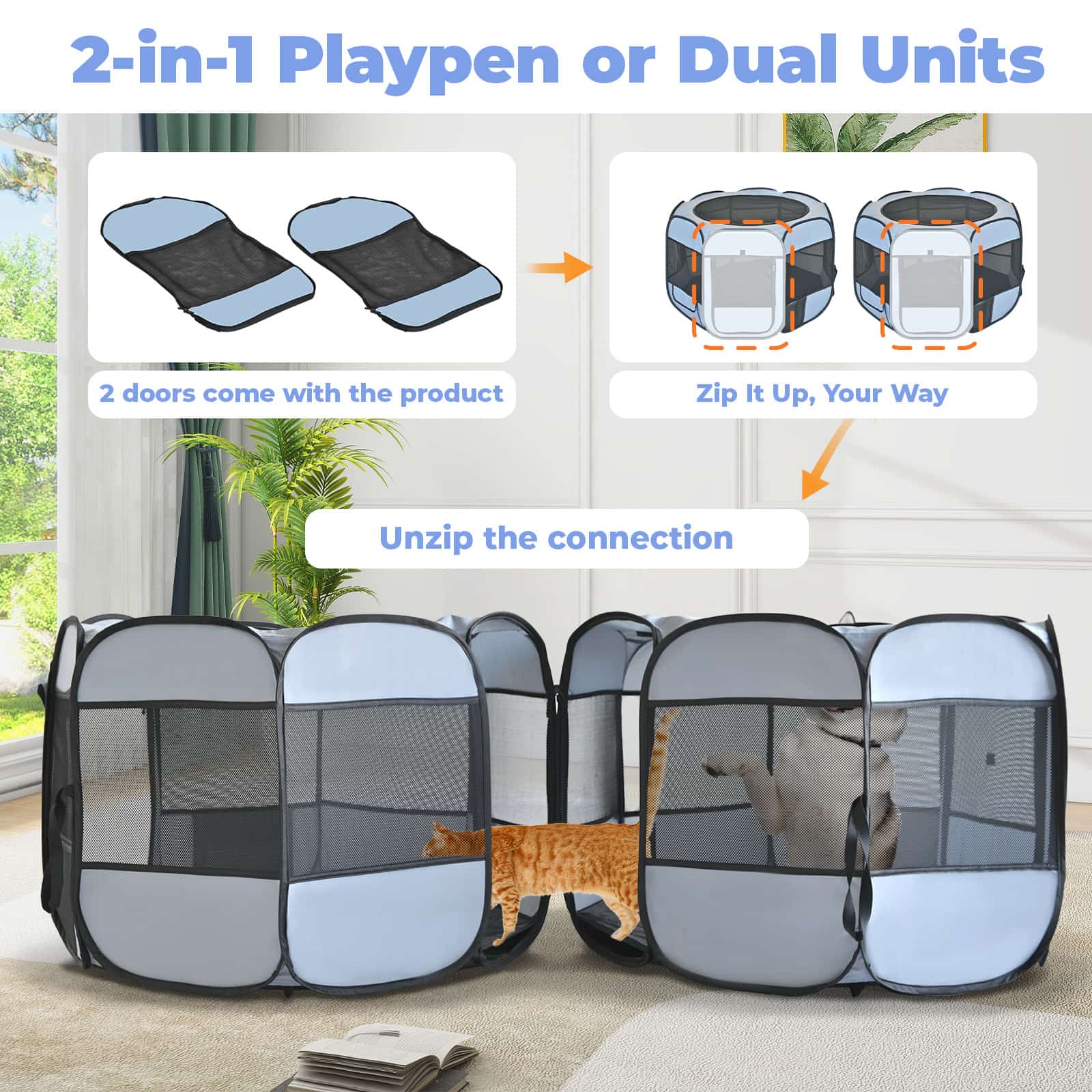 2-in-1 Cat & Dog Playpen – Detachable Pet Tent with Extra Doors & Pee Pads for Indoor & Outdoor Use