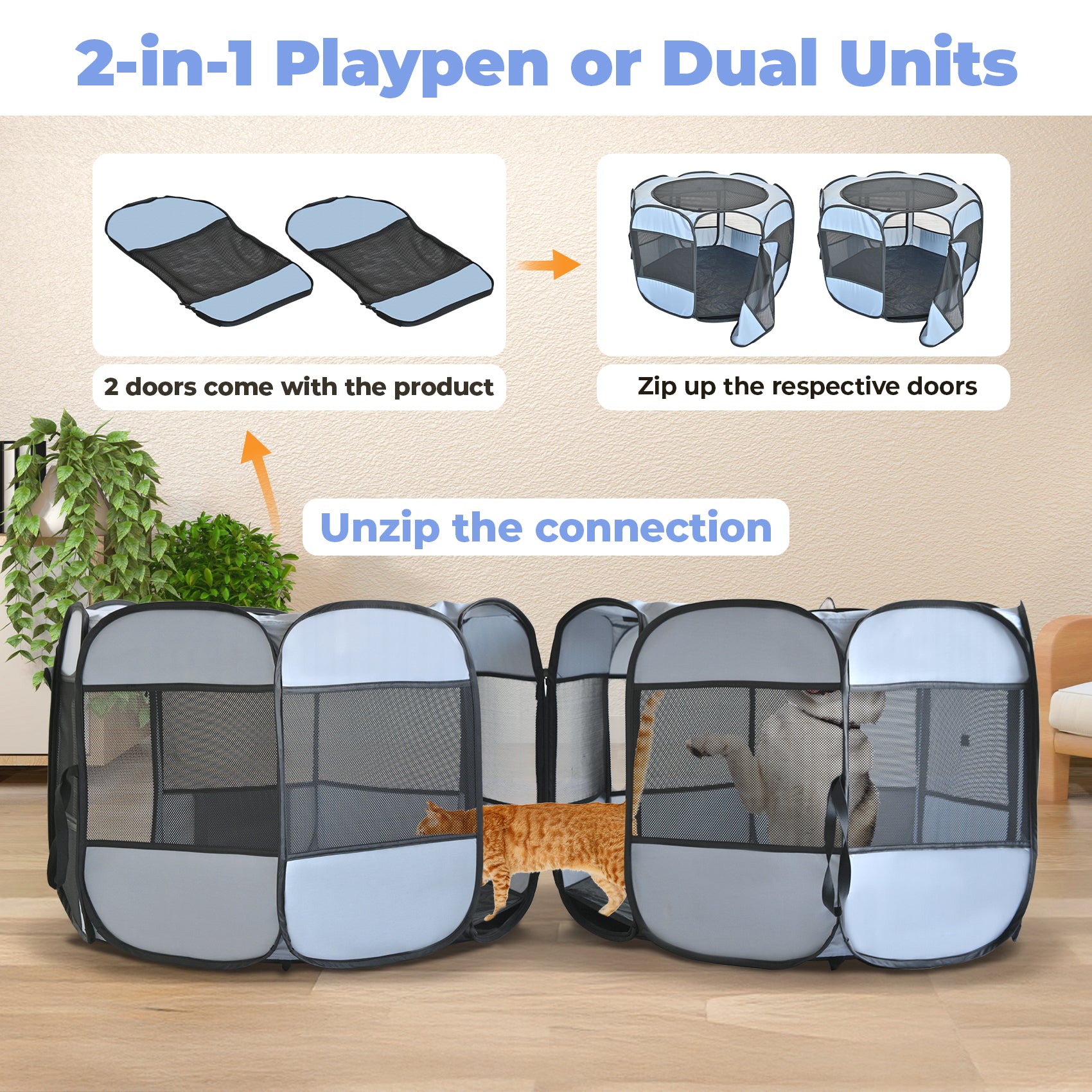 Alvantor 2-in-1 Cat Playpens, Detachable into 2 Separate Playpens with Additional 2 Doors, with Pee Pads, Portable Dog Playpen Cat Tent Enclosure for Kitten and Puppy Indoor Outdoor Use