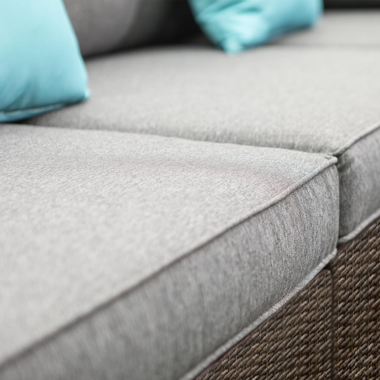 Alvantor 3-Piece Outdoor Patio Furniture Set, Brown Wicker Sectional Sofa with Coffee Table, Dark Gray Cushions, Turquoise Pillows, Backyard Garden Pool Deck Loveseat