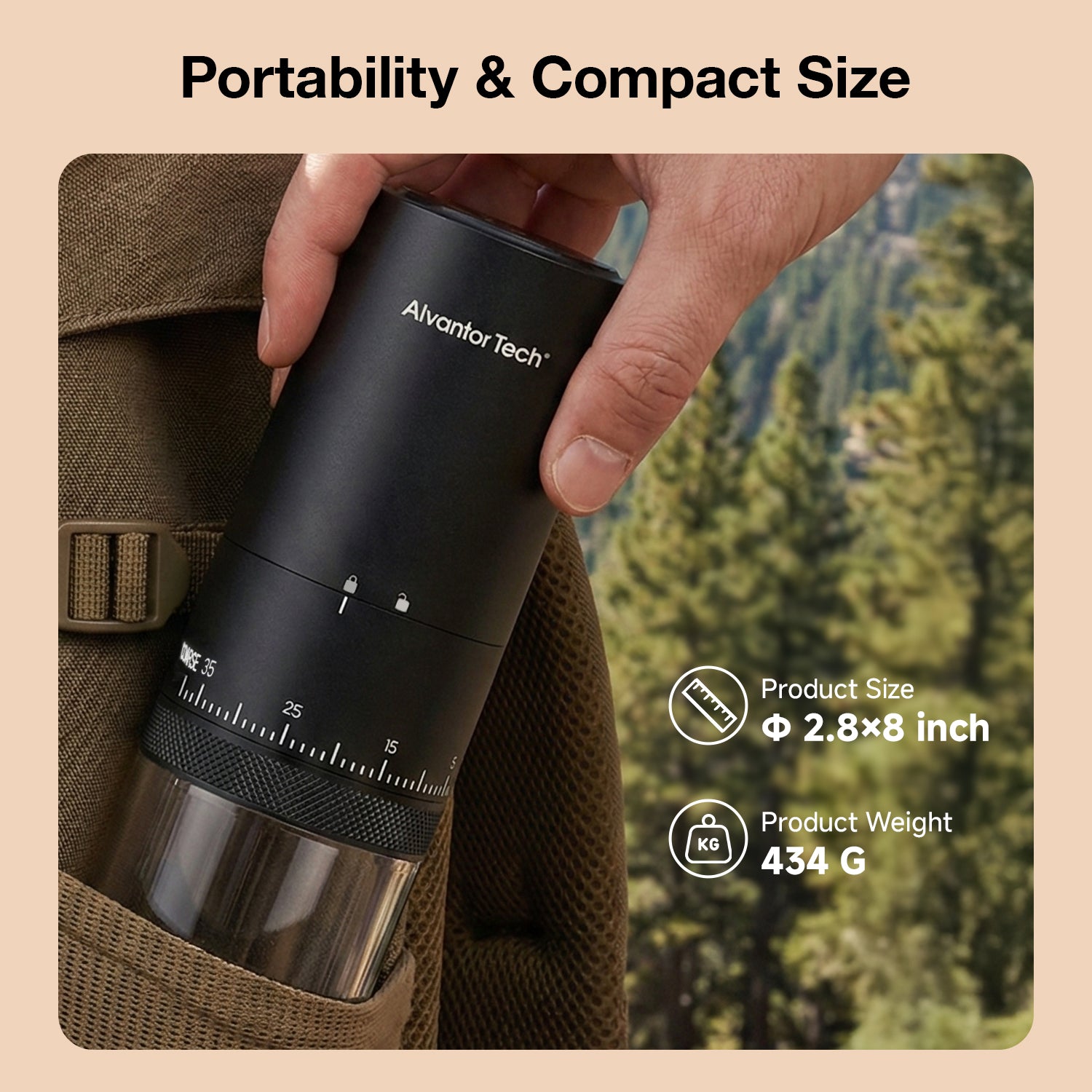 Alvantor Tech® Rechargeable Portable Coffee Grinder, 38 Grind Settings External Dial, 2000mAh Battery, Ceramic Burr, 25g Bean Hopper, 120–150 Min Fast Charging, Grind While Charging, Compact 2.8"×2.8"×7.9"
