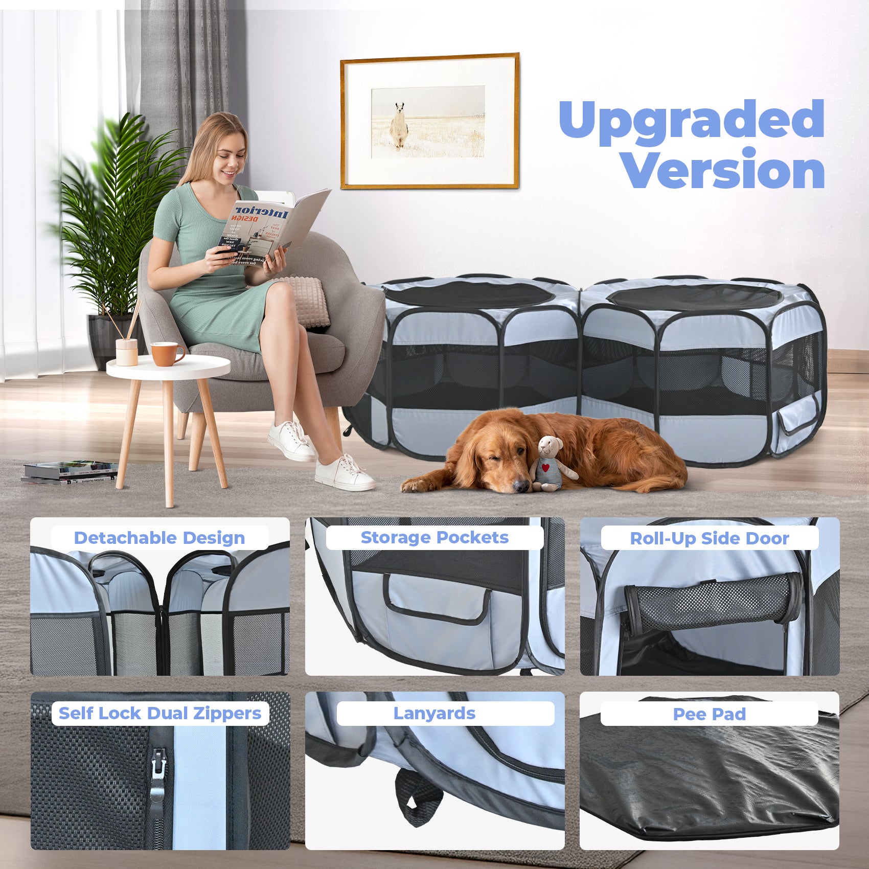 Alvantor 2-in-1 Cat Playpens, Detachable into 2 Separate Playpens with Additional 2 Doors, with Pee Pads, Portable Dog Playpen Cat Tent Enclosure for Kitten and Puppy Indoor Outdoor Use