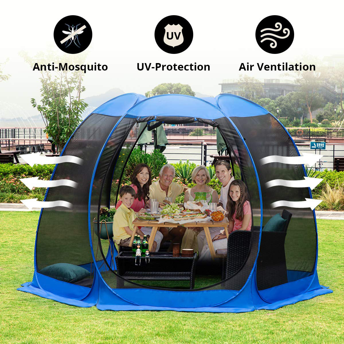 Pop-Up Screen House Room Camping Tent Outdoor Canopy Pop Up Sun Shade Hexagon Shelter Mesh Walls Not Waterproof 10'x10'