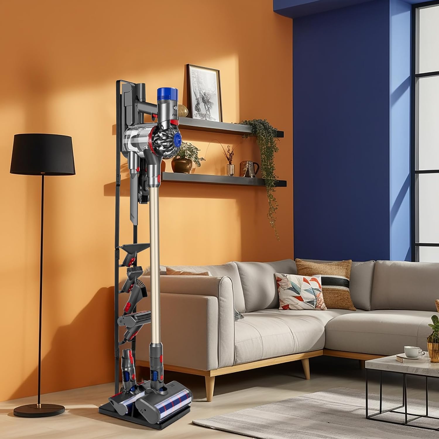 Cordless Vacuum Stand with Clamp & Accessory Hooks โ Heavy Metal Base (V6โV15 Compatible)