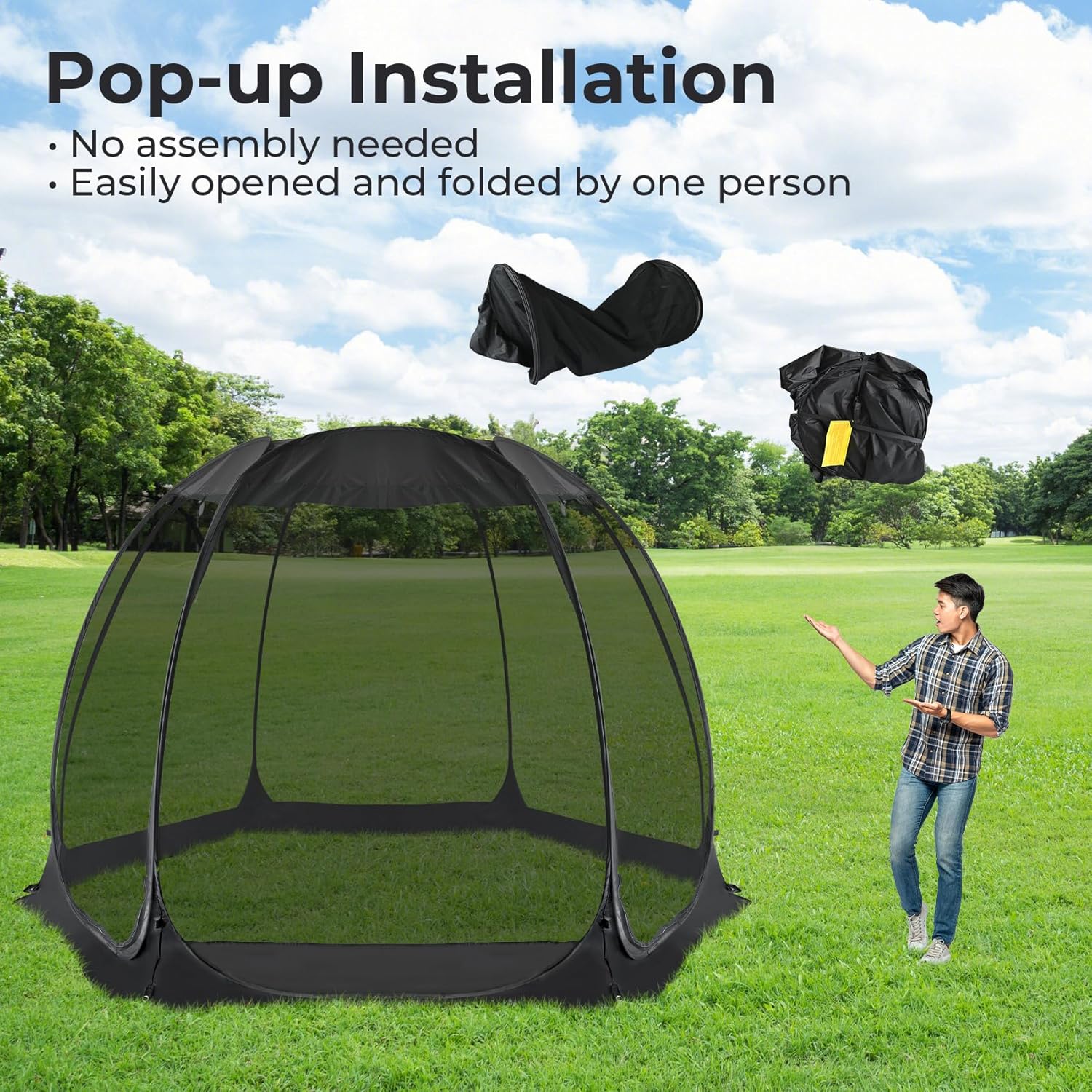 Alvantor Screen House Gazebo, 4-6 Person Pop Up Igloo Screened Canopy Tent with Mosquito Netting Sides, Instant UV Resistant Sun Shelter for Garden, Patio, Backyard, Black