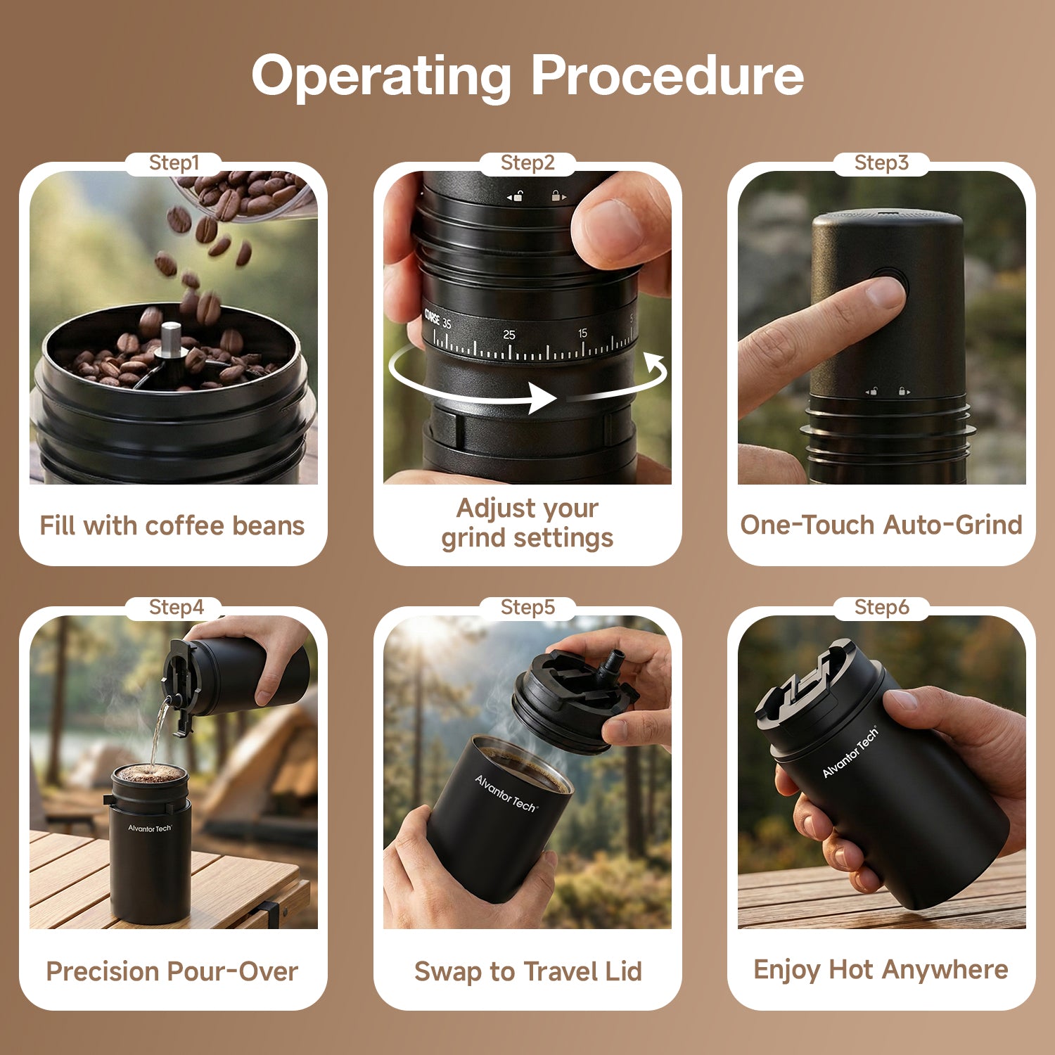 Alvantor Tech® Portable Coffee Maker with Grinder, 3-in-1 Grind & Brew Travel Coffee Cup, 38 Grind Settings, 2000mAh Rechargeable Battery (Up to 15–20 Cups/Charge), SUS304 Vacuum Insulated Stainless Steel, Double-Layer Filter, Ceramic Alloy Burr