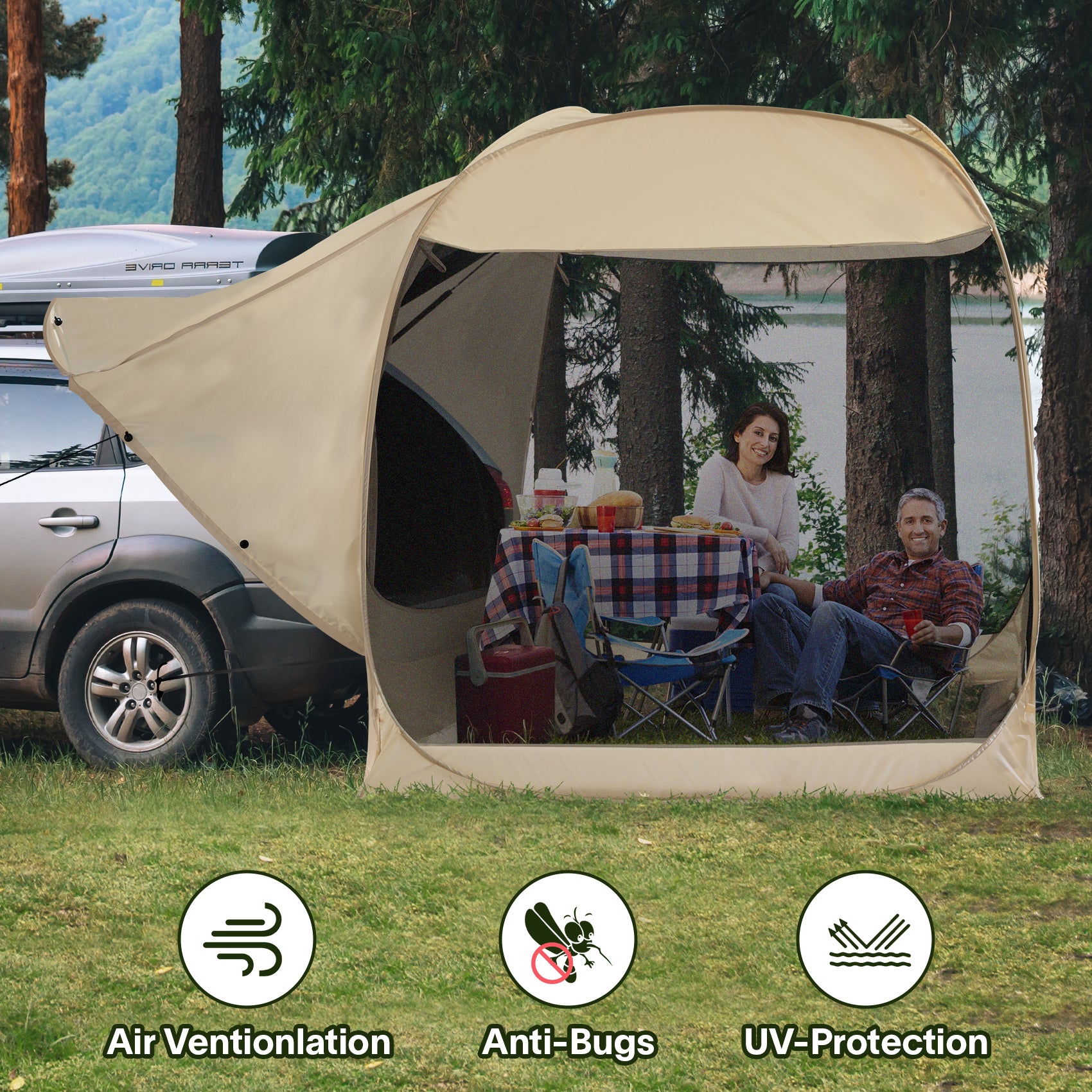 All-Weather SUV Camping Screen Tent – Pop Up Mesh Shelter with Waterproof PVC, Instant Setup Screen House for Car, Van, Outdoor Travel