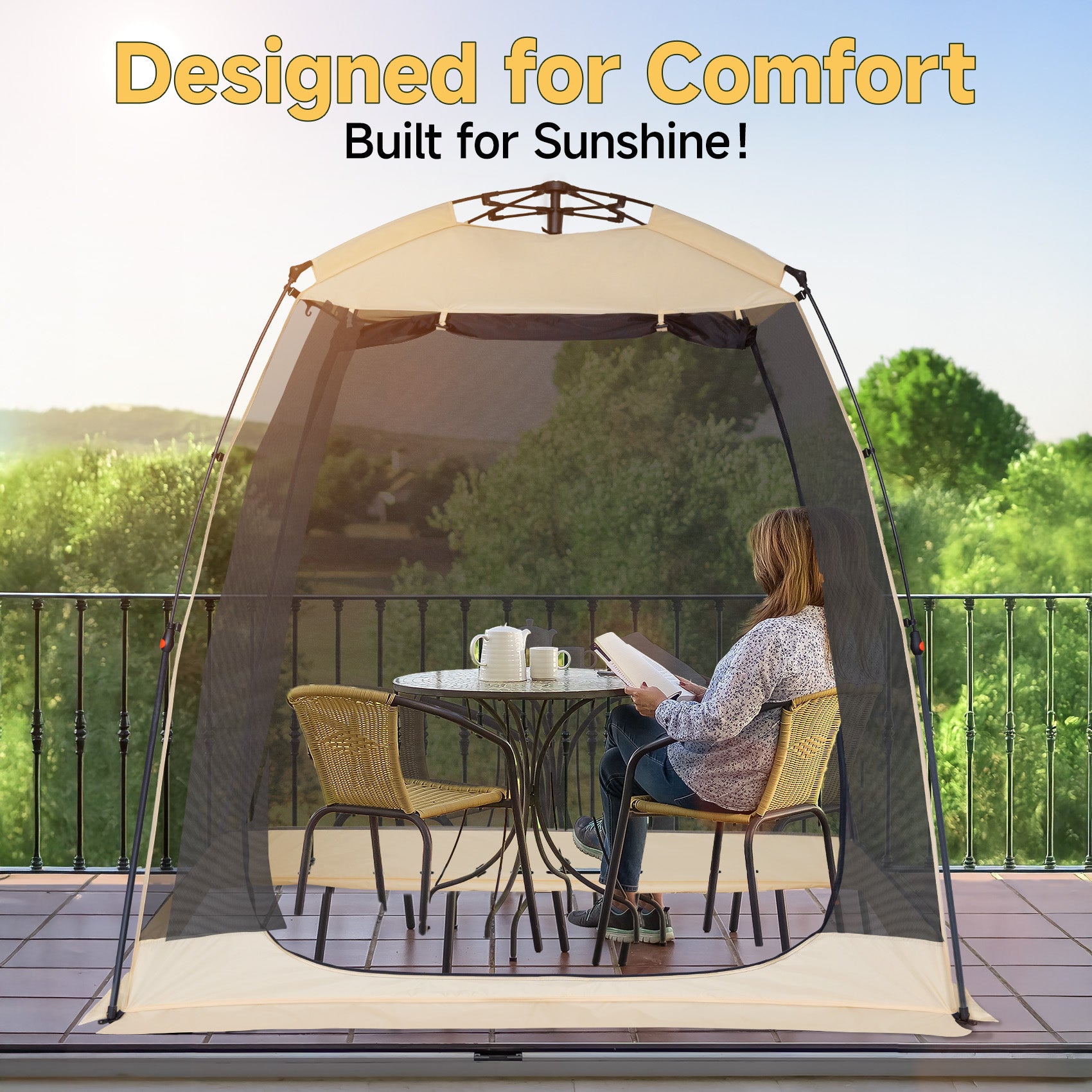 EighteenTek 10'x10'x7' Pop Up Sports Tent Shelter for 4–6 People, All Weather Outdoor Gazebo with Mesh Walls, Portable Camping Canopy Room for Tailgating, Backyard, Beige