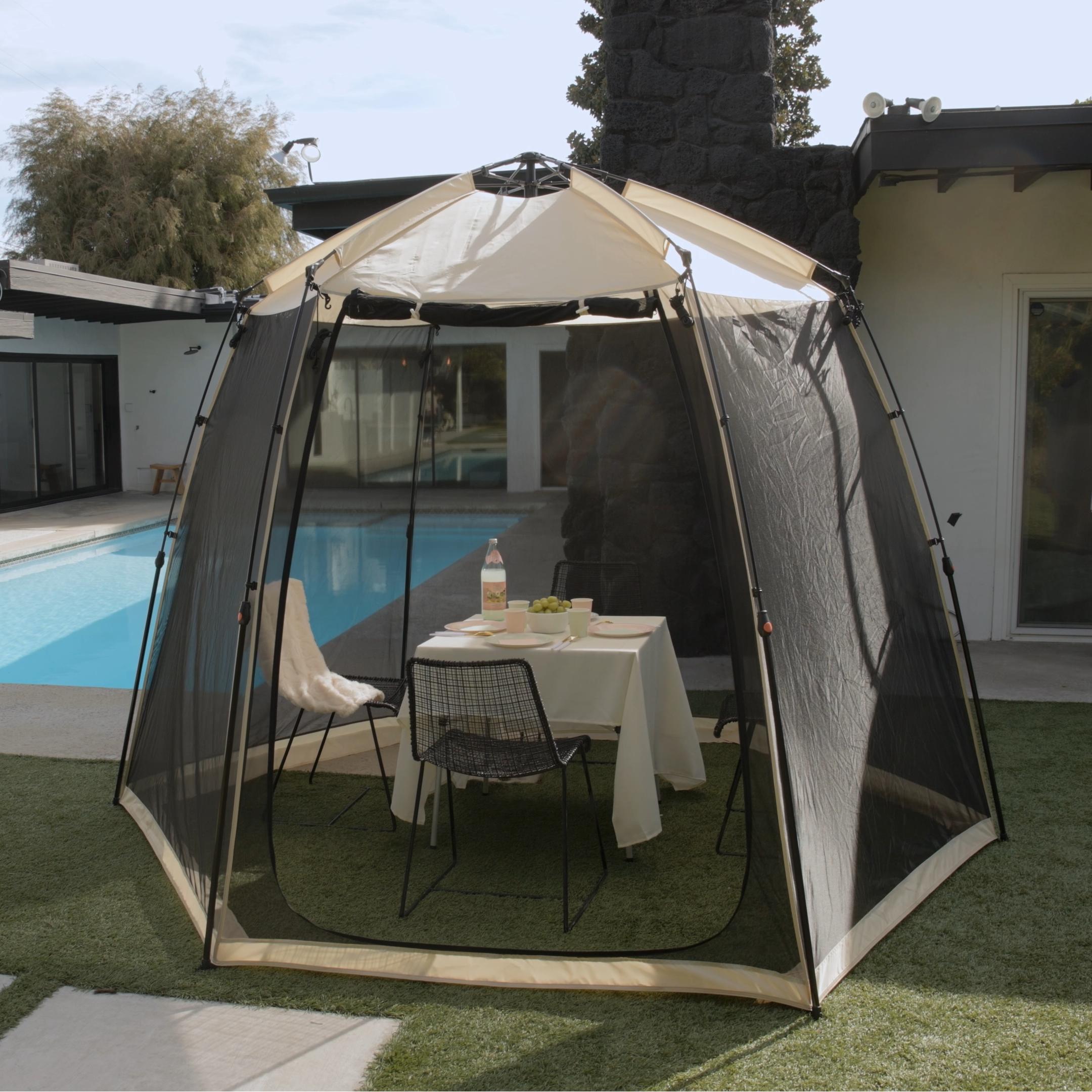 EighteenTek 10'x10'x7' Pop Up Sports Tent Shelter for 4–6 People, All Weather Outdoor Gazebo with Mesh Walls, Portable Camping Canopy Room for Tailgating, Backyard, Beige