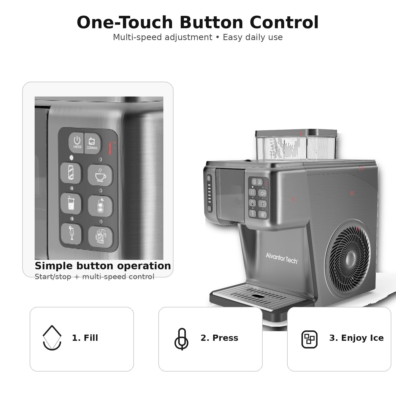 Alvantor Tech® Countertop Flake Ice Maker, Ice Ready in 1–3 Min, 44 lb/Day, 0.8L Water Tank, Compressor Cooling, Multi-Speed Button Control, 120V 170W