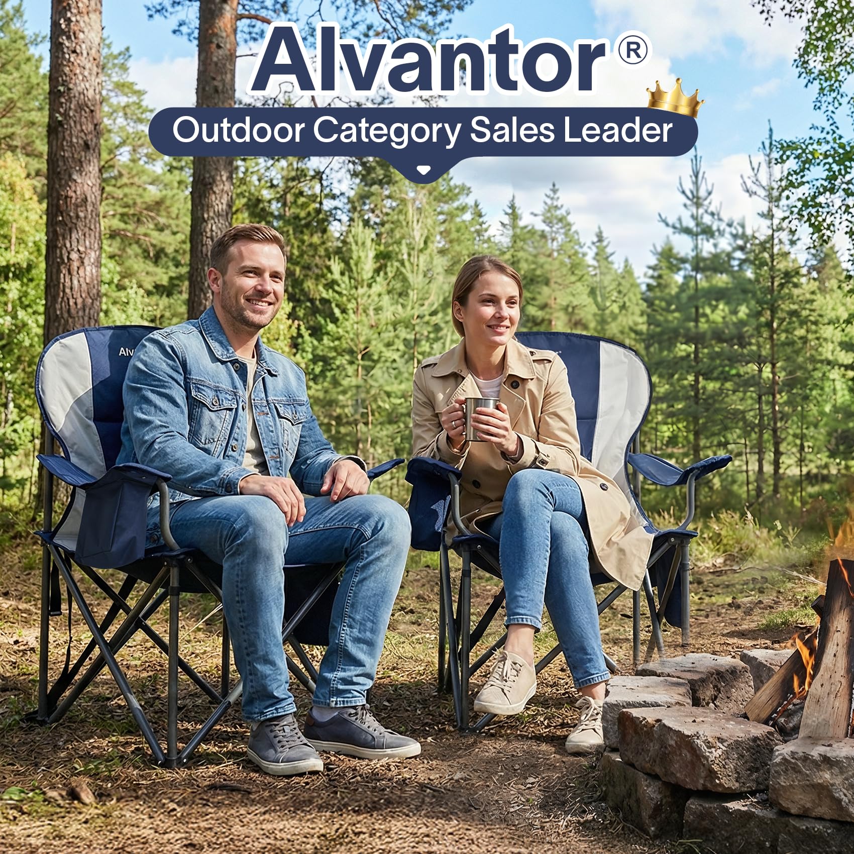 Alvantor Heavy Duty Folding Camping Chair, 500 LBS Oversized Outdoor Chair with Padded 600D Nylon Seat, Insulated Cooler Pocket, Portable for Hiking, Sports, Backyard