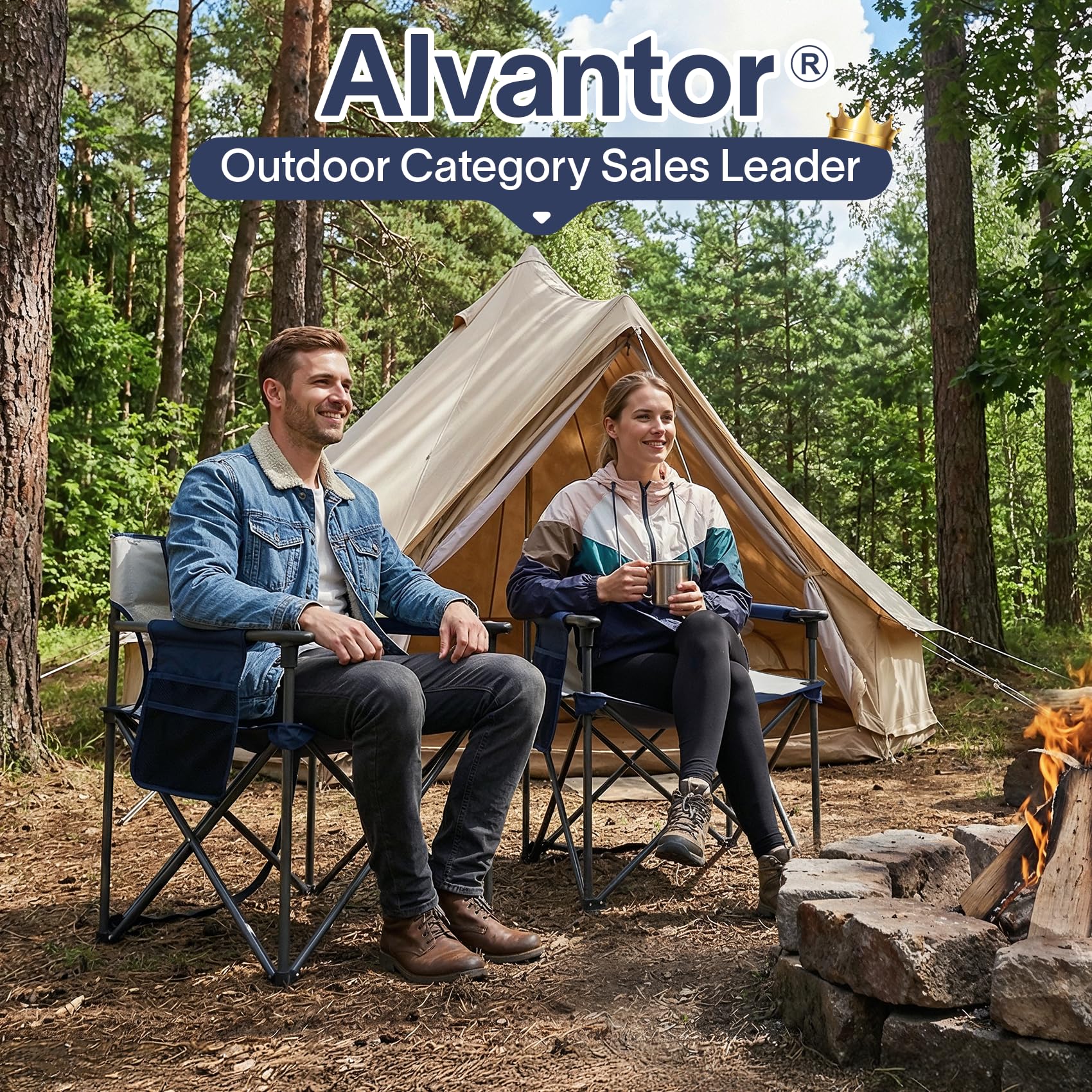 Alvantor Folding Camping Chair with Breathable Mesh, Portable Outdoor Chair for Adults, Heavy Duty Steel Frame Supports, Built-in Cup Holder, Carry Strap for Camping Beach Sports Tailgating