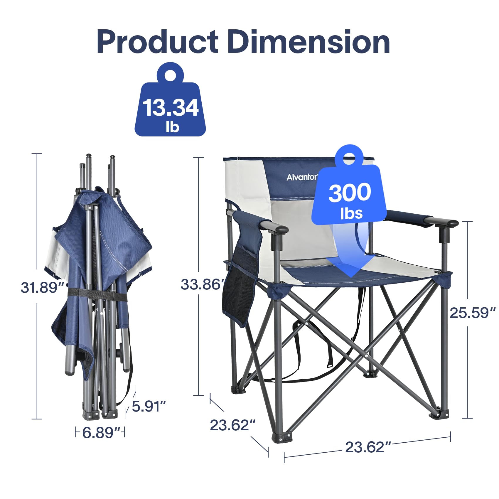 Alvantor Heavy Duty Folding Camping Chair, 300LBS Support Portable Outdoor Chair for Adults Big & Tall, Breathable Mesh, Wide Seat, Sturdy Armrests with Storage Pocket for Camping, Sports Events