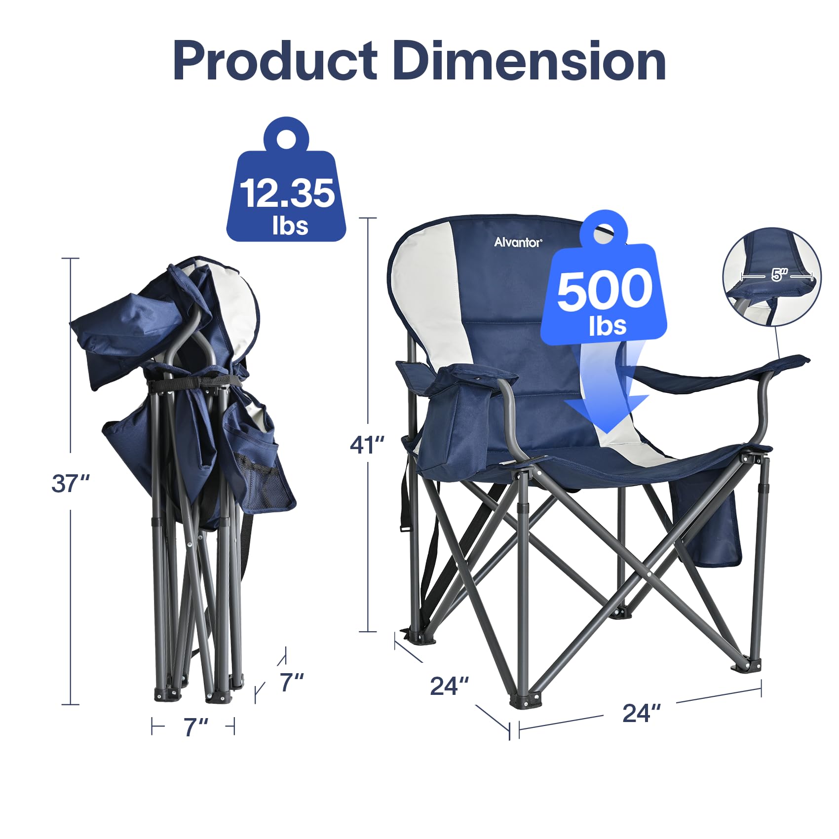 Alvantor Heavy Duty Folding Camping Chair, 500 LBS Oversized Outdoor Chair with Padded 600D Nylon Seat, Insulated Cooler Pocket, Portable for Hiking, Sports, Backyard