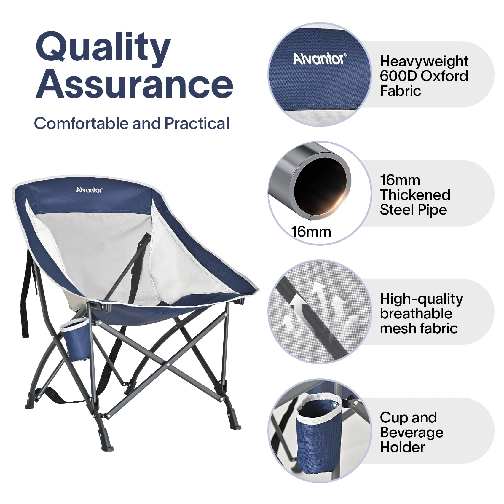 Alvantor Folding Camping Chair with Breathable Mesh, Portable Outdoor Chair for Adults, Heavy Duty Steel Frame Supports, Built-in Cup Holder, Carry Strap for Camping Beach Sports Tailgating