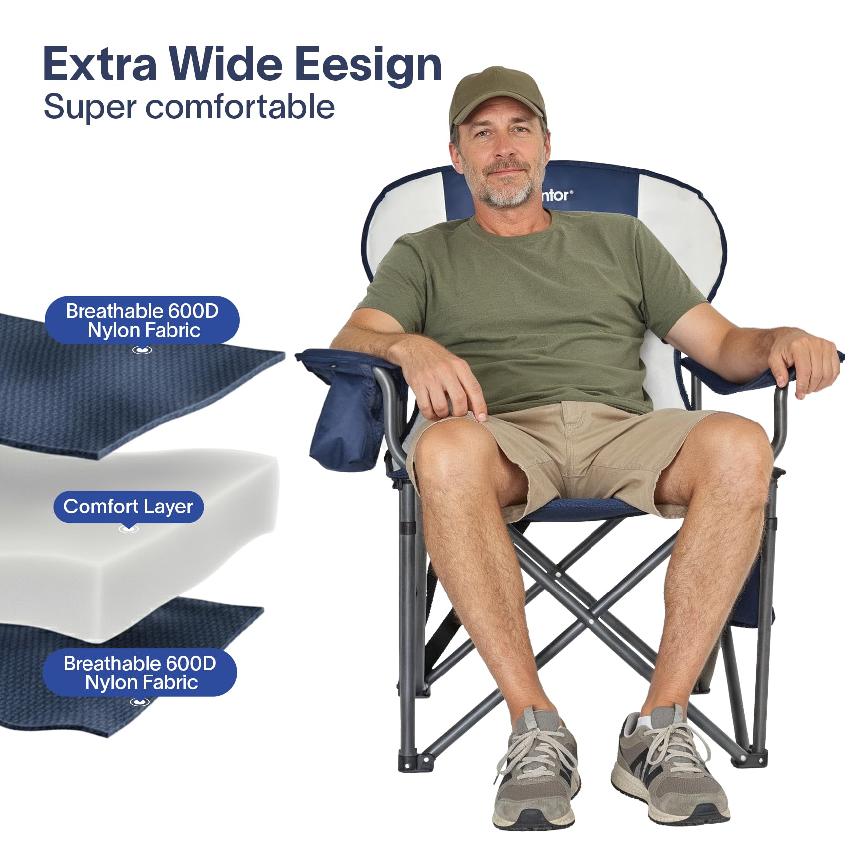 Alvantor Heavy Duty Folding Camping Chair, 500 LBS Oversized Outdoor Chair with Padded 600D Nylon Seat, Insulated Cooler Pocket, Portable for Hiking, Sports, Backyard