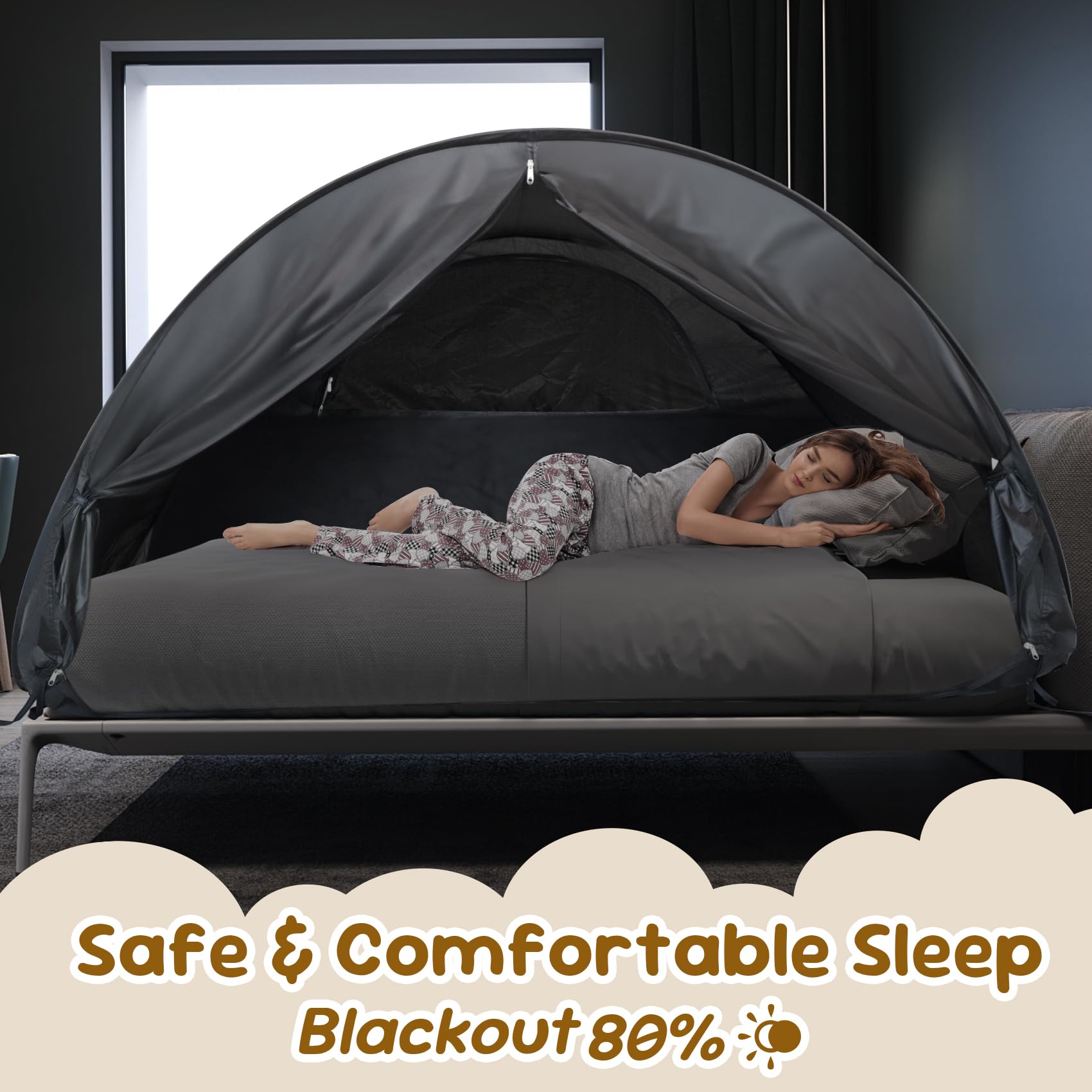 LEEDOR Pop Up Bed Tent with Mesh & Shade Cloth Window,Bed Canopy Shelter Cabin Indoor Privacy Space Sleeping Tents,Blackout Light Reduction Breathable Dream Tent with Portable Bag for Kids Adults Full