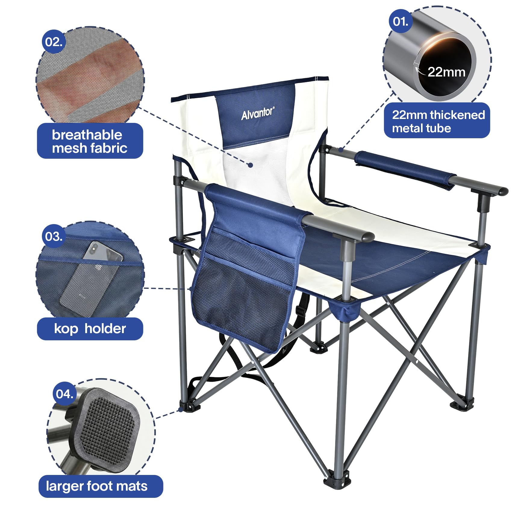 Alvantor Folding Camping Chair with Breathable Mesh, Portable Outdoor Chair for Adults, Heavy Duty Steel Frame Supports, Built-in Cup Holder, Carry Strap for Camping Beach Sports Tailgating