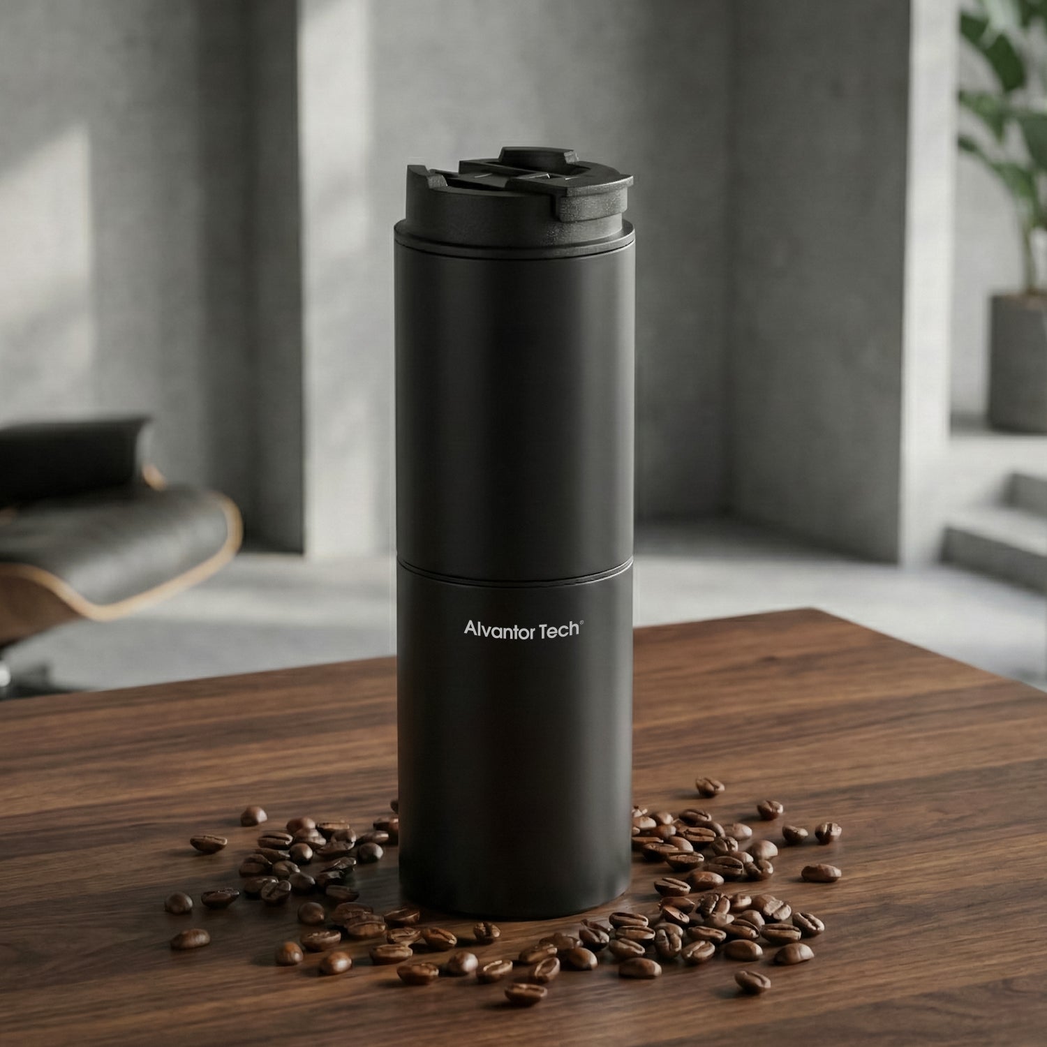 Alvantor Tech® Portable Coffee Maker with Grinder, 3-in-1 Grind & Brew Travel Coffee Cup, 38 Grind Settings, 2000mAh Rechargeable Battery (Up to 15–20 Cups/Charge), SUS304 Vacuum Insulated Stainless Steel, Double-Layer Filter, Ceramic Alloy Burr