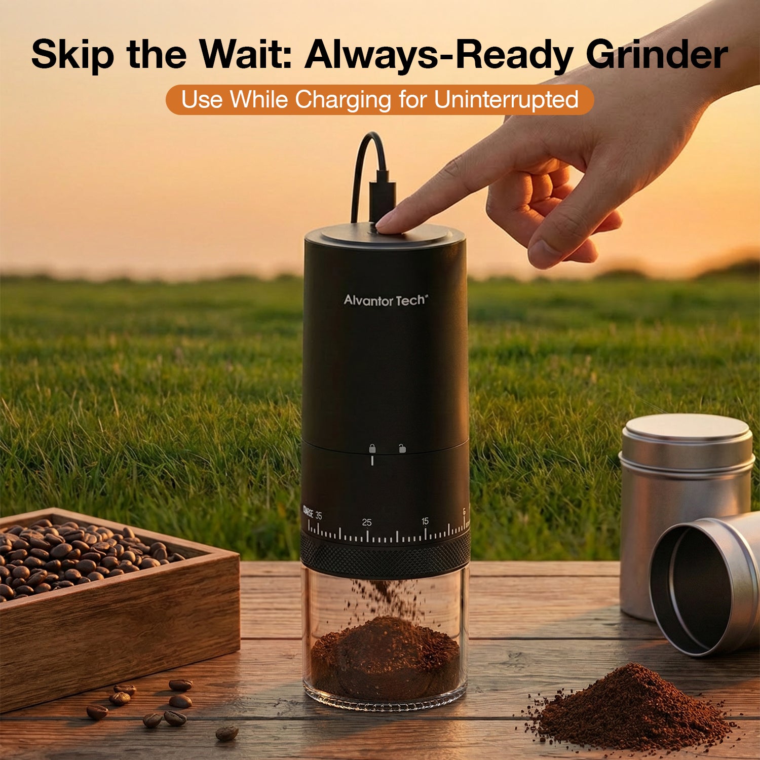 Alvantor Tech® Rechargeable Portable Coffee Grinder, 38 Grind Settings External Dial, 2000mAh Battery, Ceramic Burr, 25g Bean Hopper, 120–150 Min Fast Charging, Grind While Charging, Compact 2.8"×2.8"×7.9"