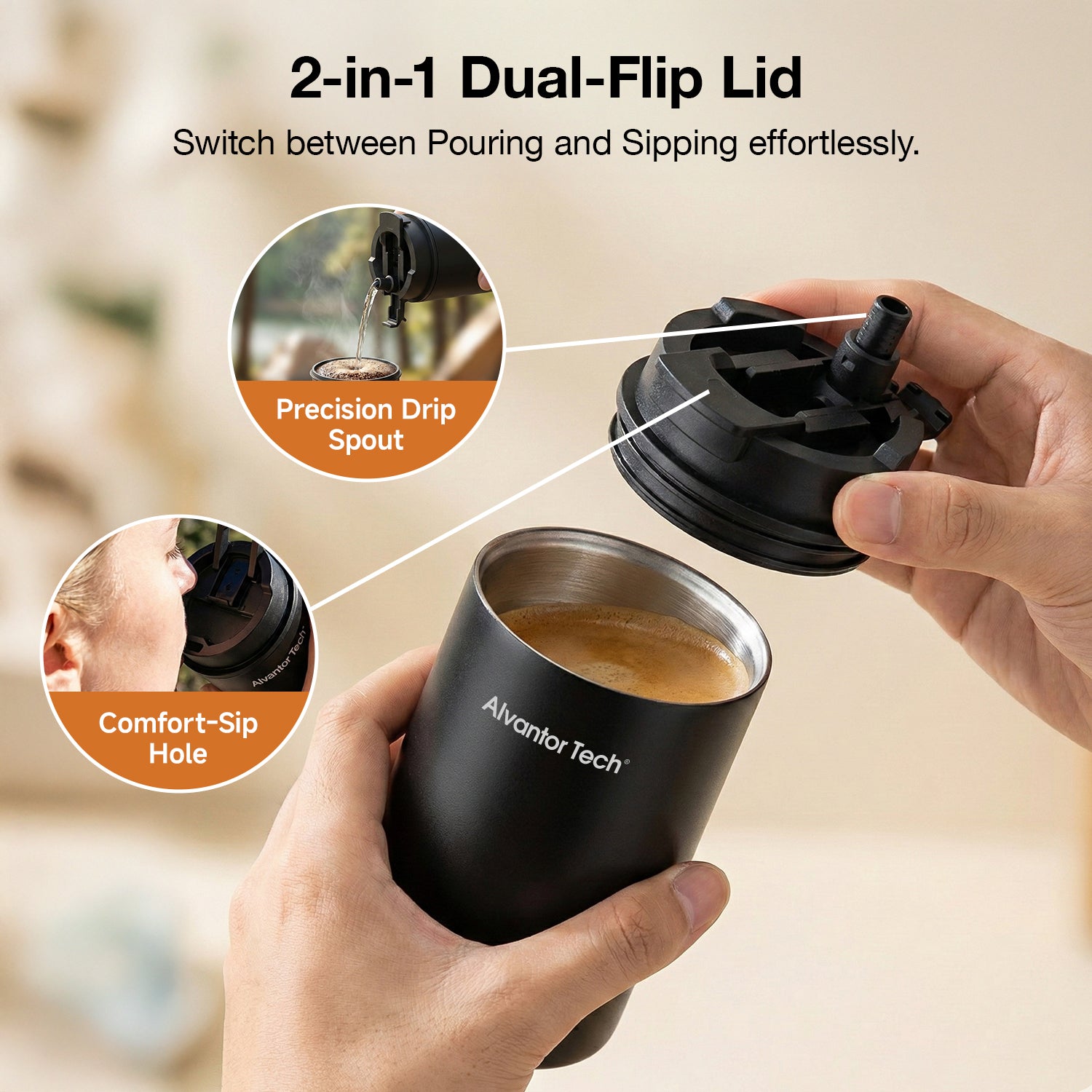 Alvantor Tech® Portable Coffee Maker with Grinder, 3-in-1 Grind & Brew Travel Coffee Cup, 38 Grind Settings, 2000mAh Rechargeable Battery (Up to 15–20 Cups/Charge), SUS304 Vacuum Insulated Stainless Steel, Double-Layer Filter, Ceramic Alloy Burr