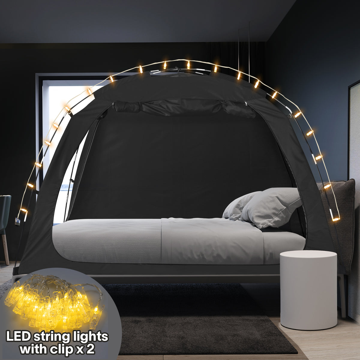 Combo: EighteenTek Privacy Bed Tent with LED String Lights, Portable B