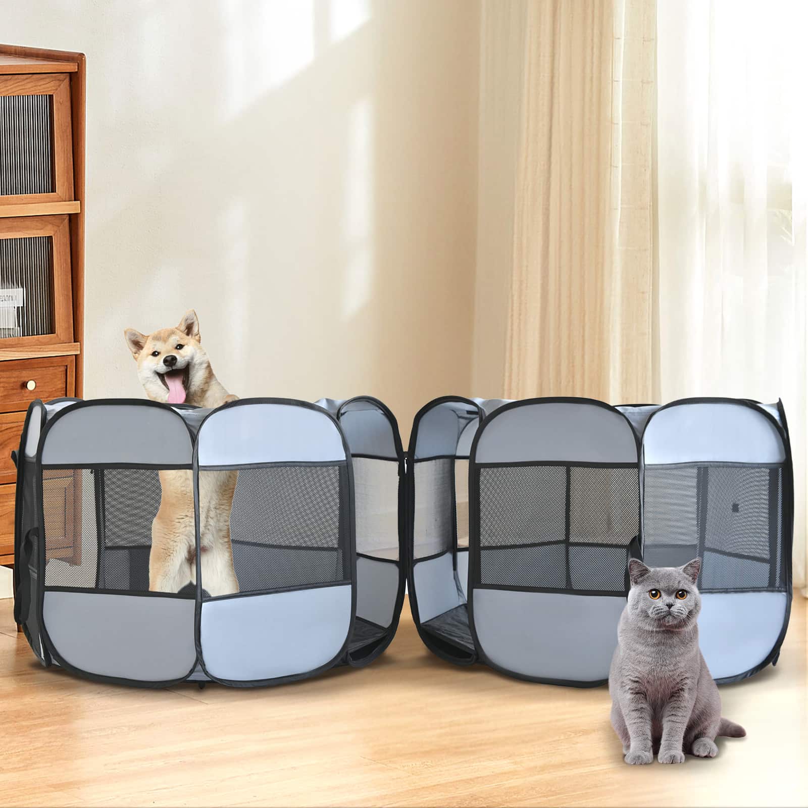 2-in-1 Cat & Dog Playpen – Detachable Pet Tent with Extra Doors & Pee Pads for Indoor & Outdoor Use