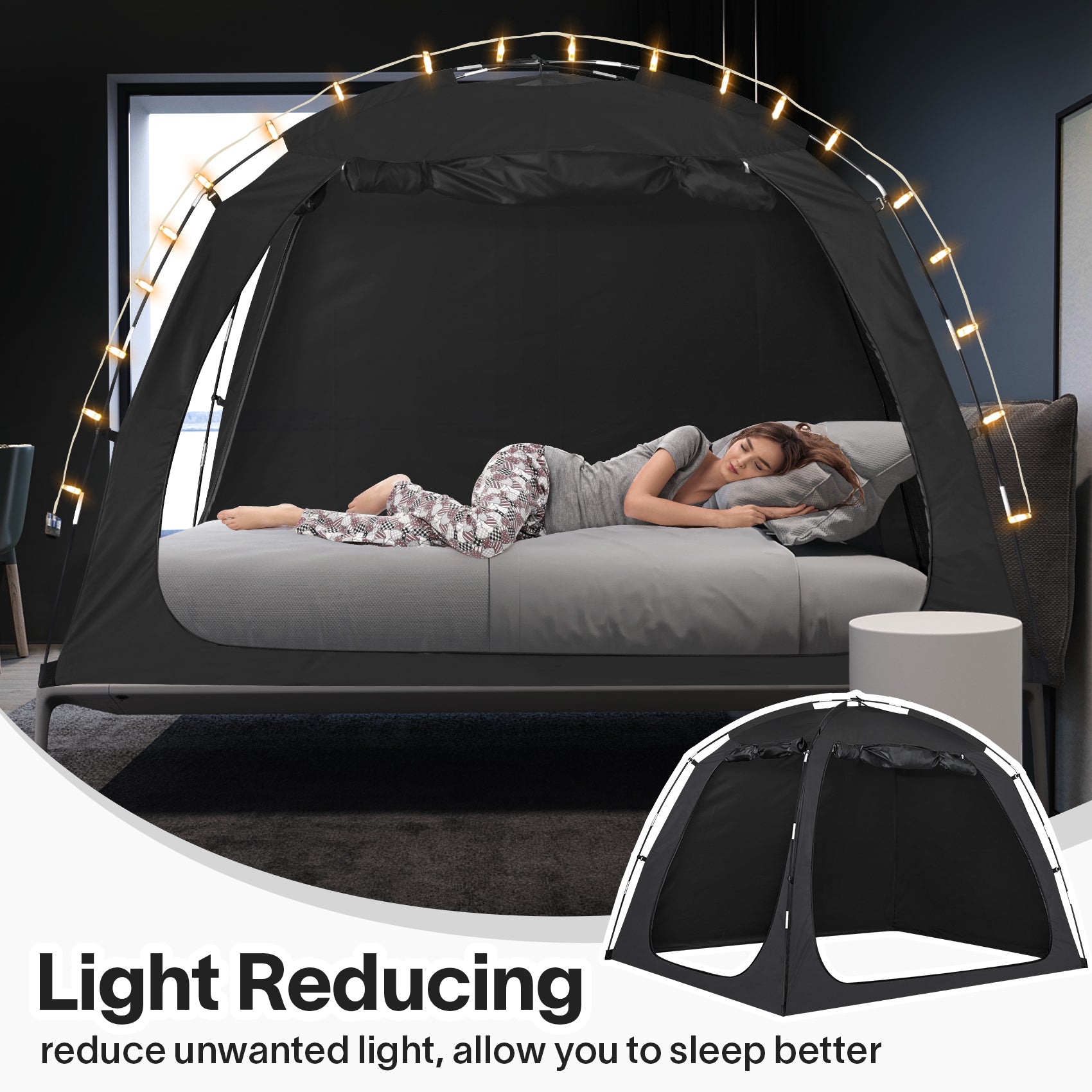 bed tent king size Combo: EighteenTek Privacy Bed Tent with LED String Lights, Portable B
