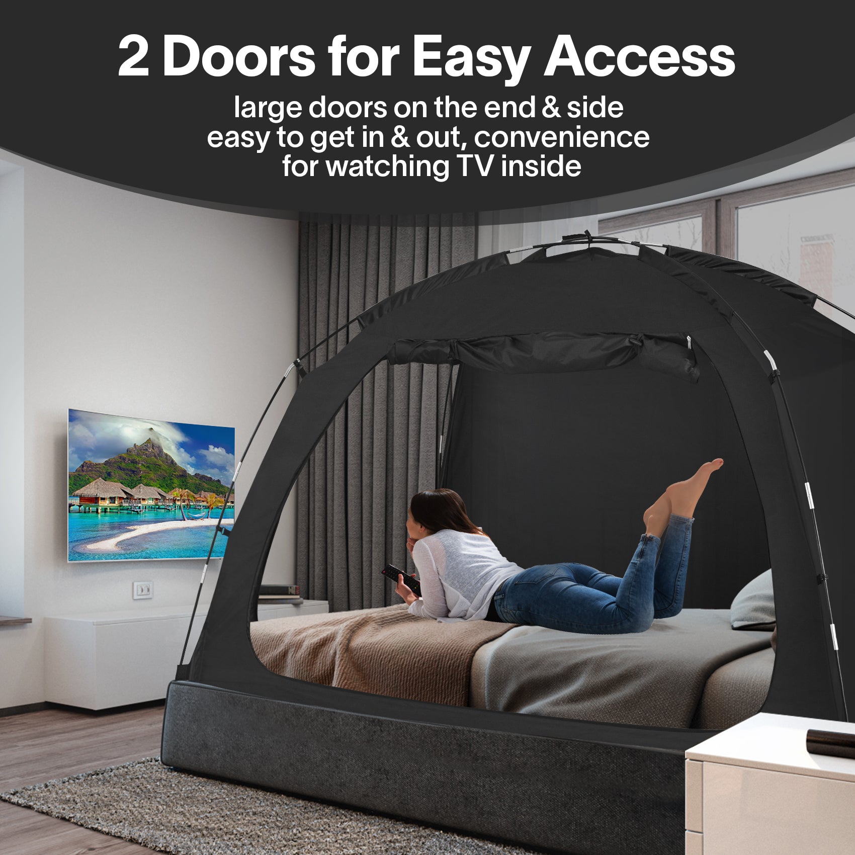 Combo: EighteenTek Privacy Bed Tent with LED String Lights, Portable B
