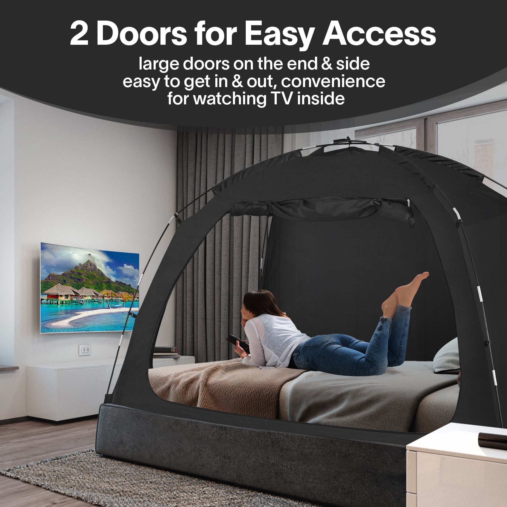 Combo: EighteenTek Privacy Bed Tent with LED String Lights, Portable Bed Canopy, Perfect for Enhancing Sleep and Creating a Cozy Ambiance