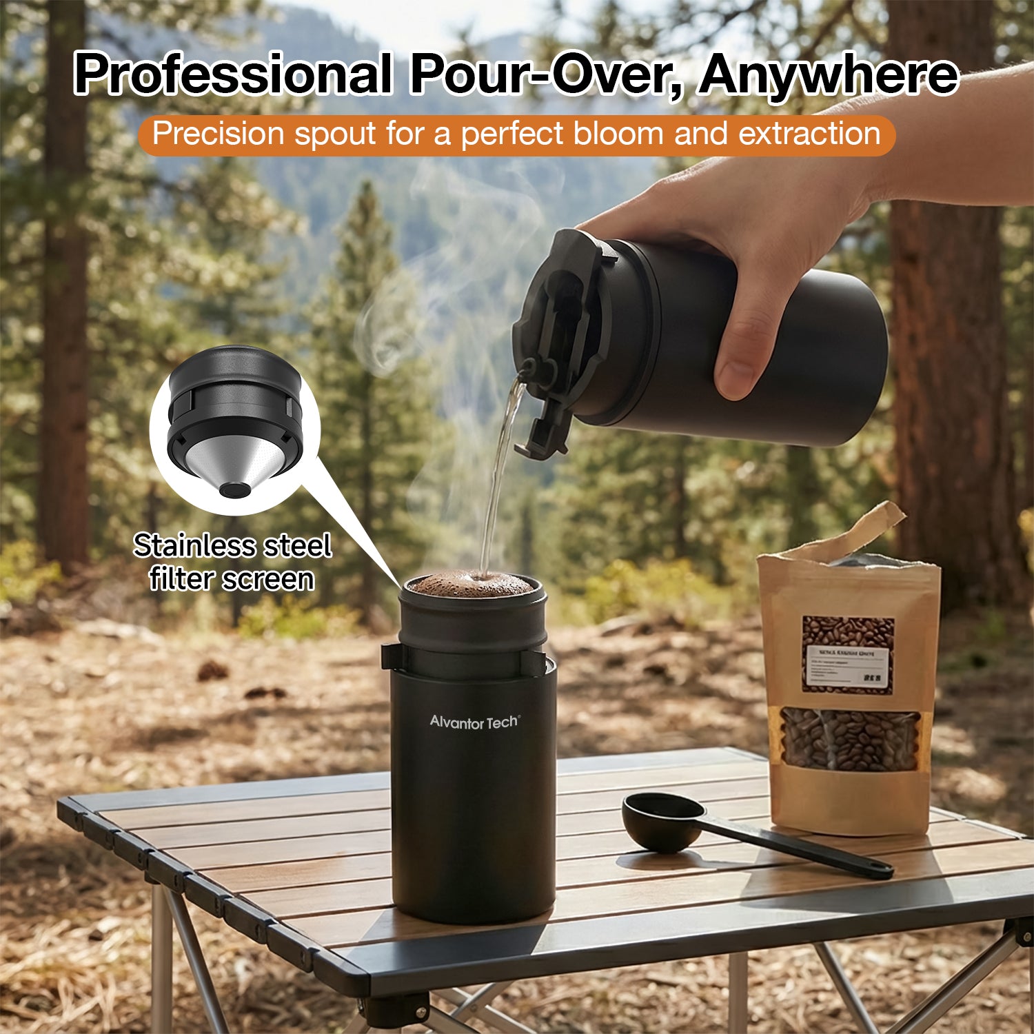 Alvantor Tech® Portable Coffee Maker with Grinder, 3-in-1 Grind & Brew Travel Coffee Cup, 38 Grind Settings, 2000mAh Rechargeable Battery (Up to 15–20 Cups/Charge), SUS304 Vacuum Insulated Stainless Steel, Double-Layer Filter, Ceramic Alloy Burr