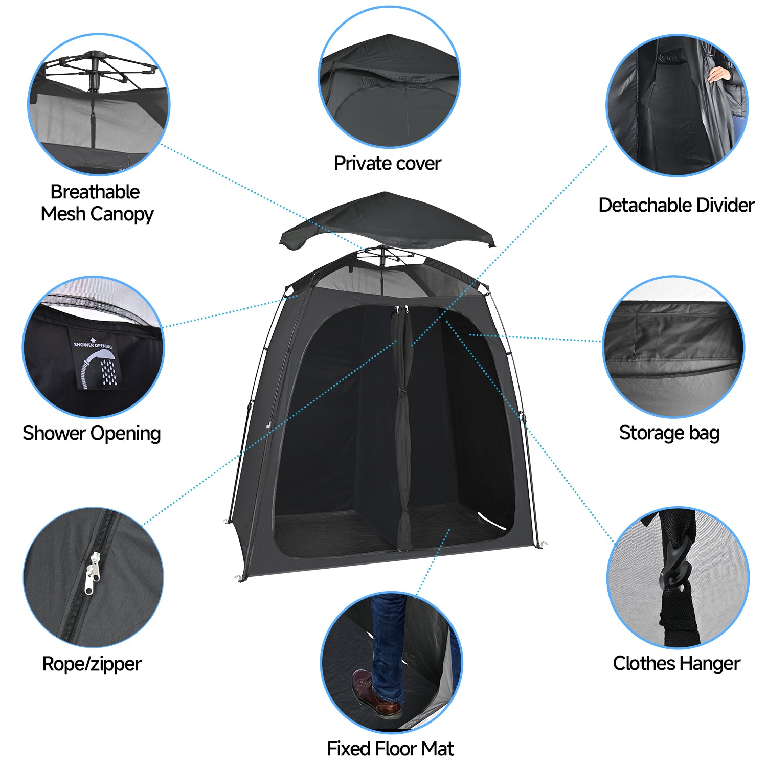 EighteenTek Shower Tent Camping, 2-Room Portable Changing Room, Outdoor Shower Enclosure, Pop Up Privacy Tent Shelter with Floor & Doors, Waterproof & Lightweight, Camping Toilet Bathroom