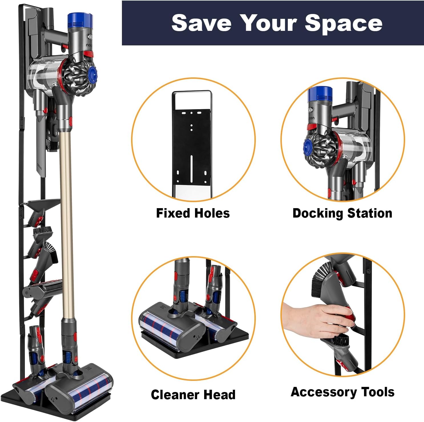 Cordless Vacuum Stand with Clamp & Accessory Hooks – Heavy Metal Base (V6–V15 Compatible)