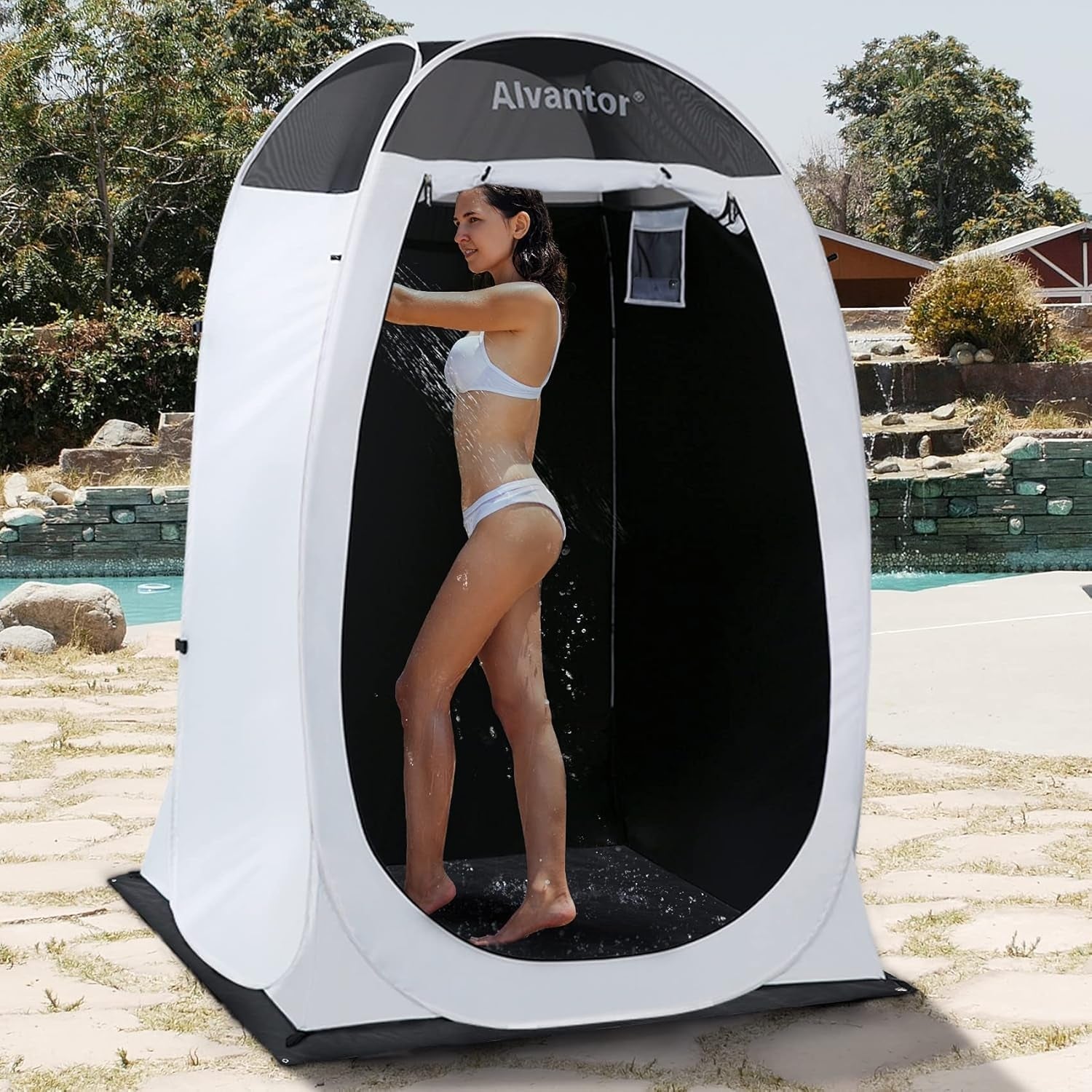 Alvantor Shower Tent Pop Up Changing Room Outdoor Shower Enclosure Pop Up Privacy Tent Toilet Tent Camping Dressing Portable Shelter Teflon Coating Fabric 4’x4’x7' Patent Pending, White