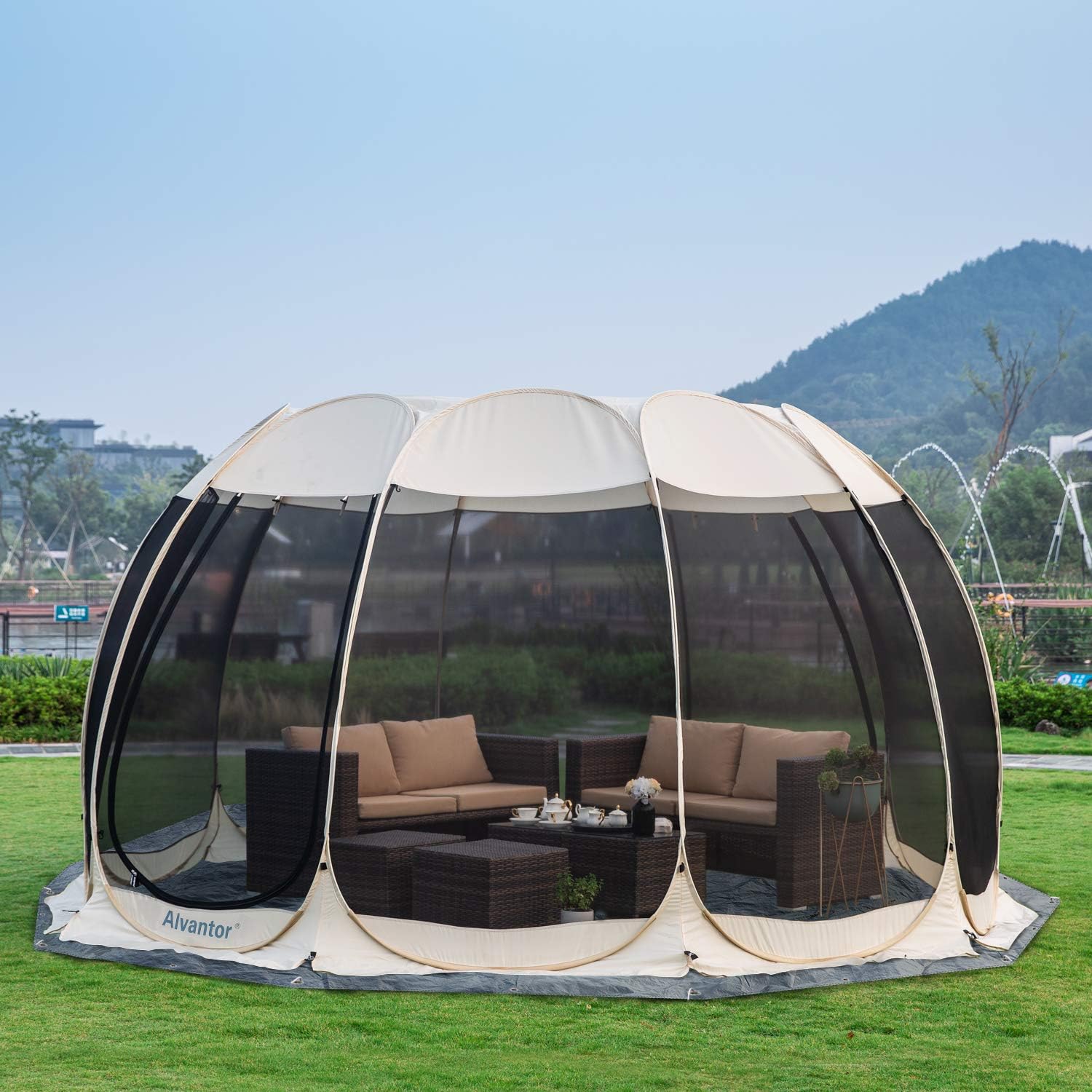 Combo: Alvantor Pop Up Screen House Gazebo Tent with PE Tarp Floor Set - 2-15 Person, Ideal for Camping, Beach, and Backyard; Enhanced Cleanliness and Comfort