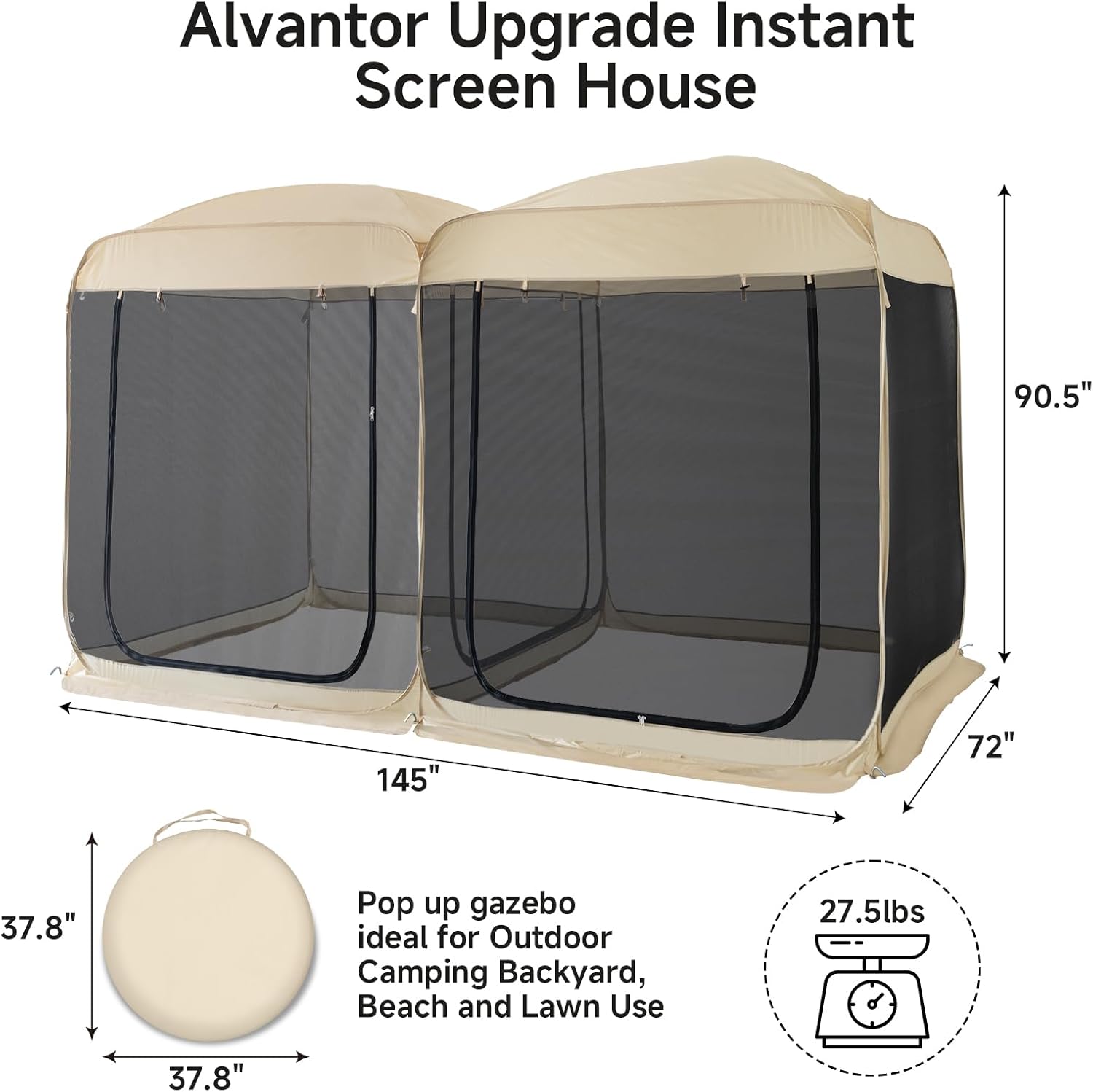 Alvantor 2-in-1 Pop-Up Screen House Gazebo with Mesh Netting 12'x6'x7.5' - 2024 New Upgraded Outdoor Patio Canopy Tent for Camping, Backyard, and Events