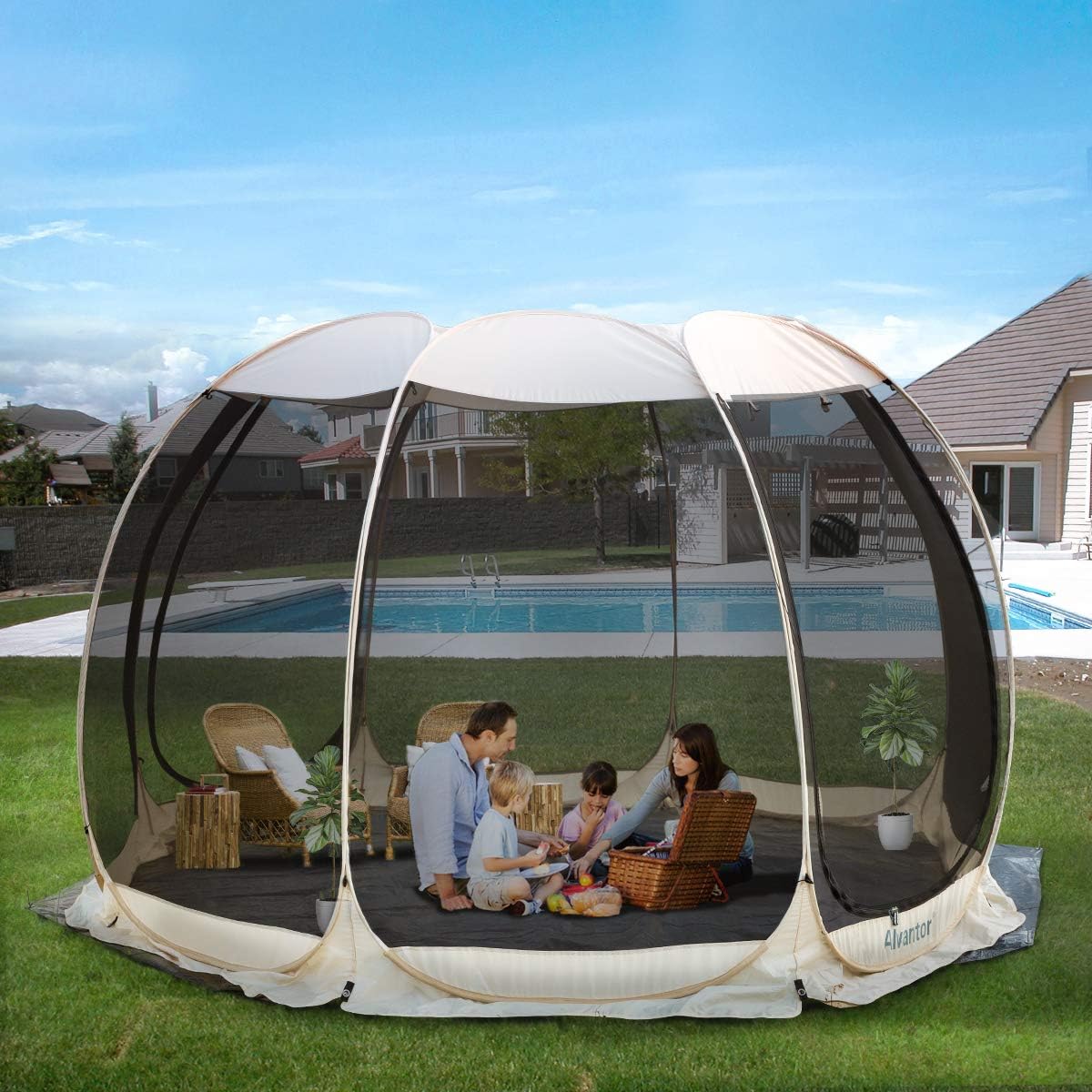 Combo: Alvantor Pop Up Screen House Gazebo Tent with PE Tarp Floor Set - 2-15 Person, Ideal for Camping, Beach, and Backyard; Enhanced Cleanliness and Comfort