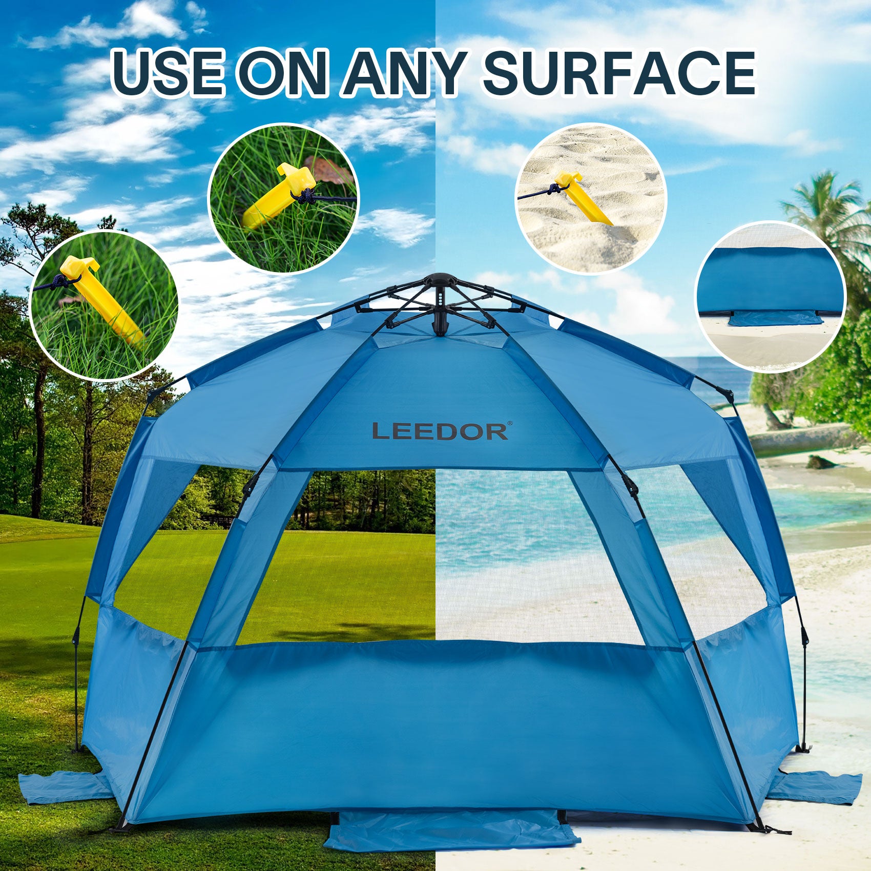 Leedor Beach Tent Sun Shelter for 4 Person with UPF 50＋ UV Protection, Lightweight & Easy Setup Beach Shade Canopy