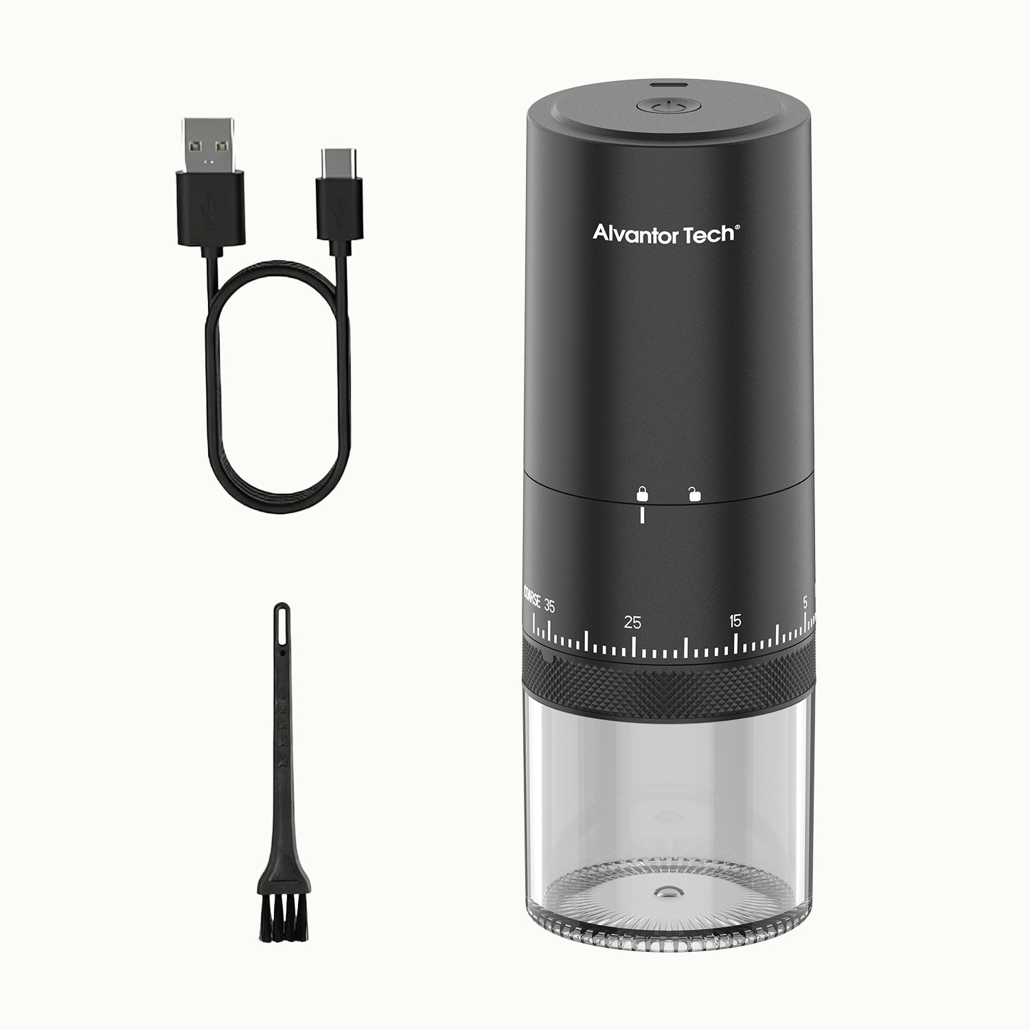 Alvantor Tech® Rechargeable Portable Coffee Grinder, 38 Grind Settings External Dial, 2000mAh Battery, Ceramic Burr, 25g Bean Hopper, 120–150 Min Fast Charging, Grind While Charging, Compact 2.8"×2.8"×7.9"