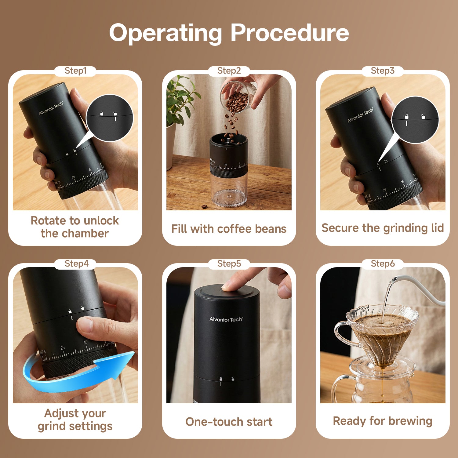 Alvantor Tech® Rechargeable Portable Coffee Grinder, 38 Grind Settings External Dial, 2000mAh Battery, Ceramic Burr, 25g Bean Hopper, 120–150 Min Fast Charging, Grind While Charging, Compact 2.8"×2.8"×7.9"