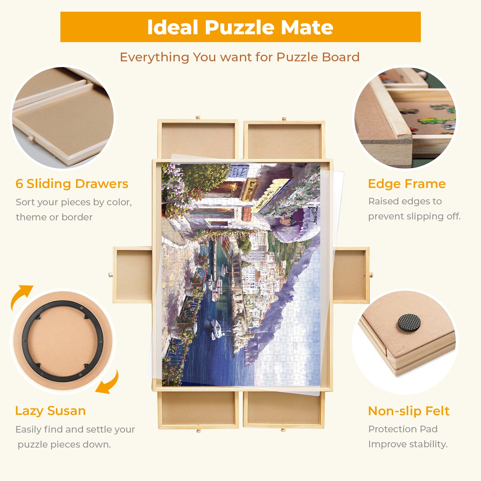 Puzzle Locker 1500 Piece Puzzle Table with 6 Drawers and Cover – Portable Wooden Jigsaw Board for 14 years old and Adults, 27" x 35" Puzzle Organizer Tray