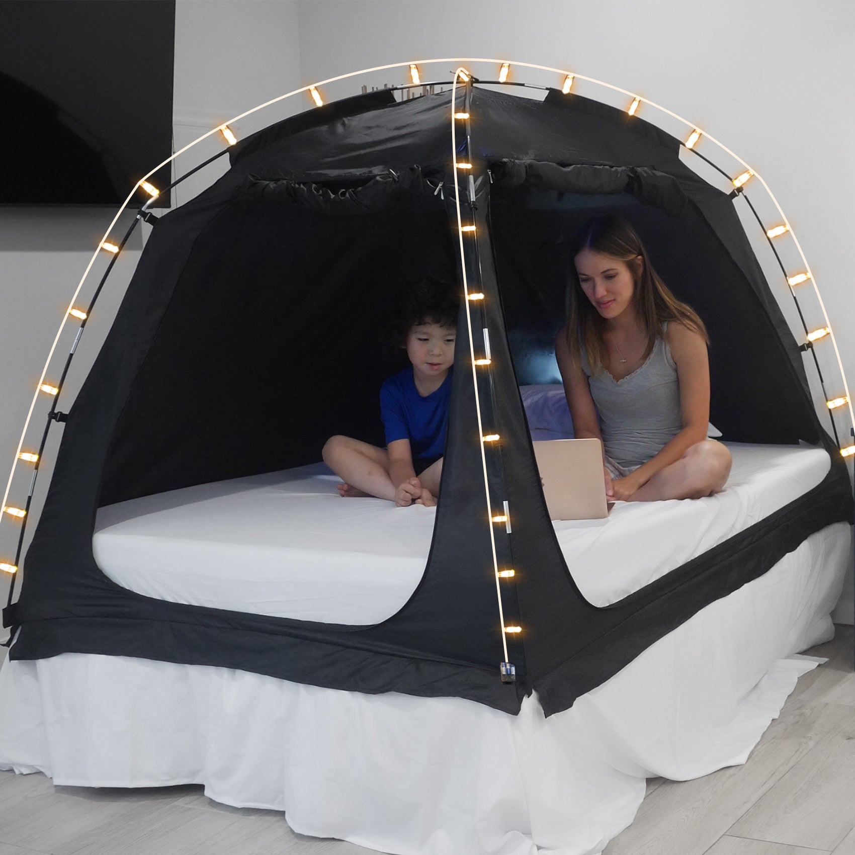 Combo: EighteenTek Privacy Bed Tent with LED String Lights, Portable Bed Canopy, Perfect for Enhancing Sleep and Creating a Cozy Ambiance