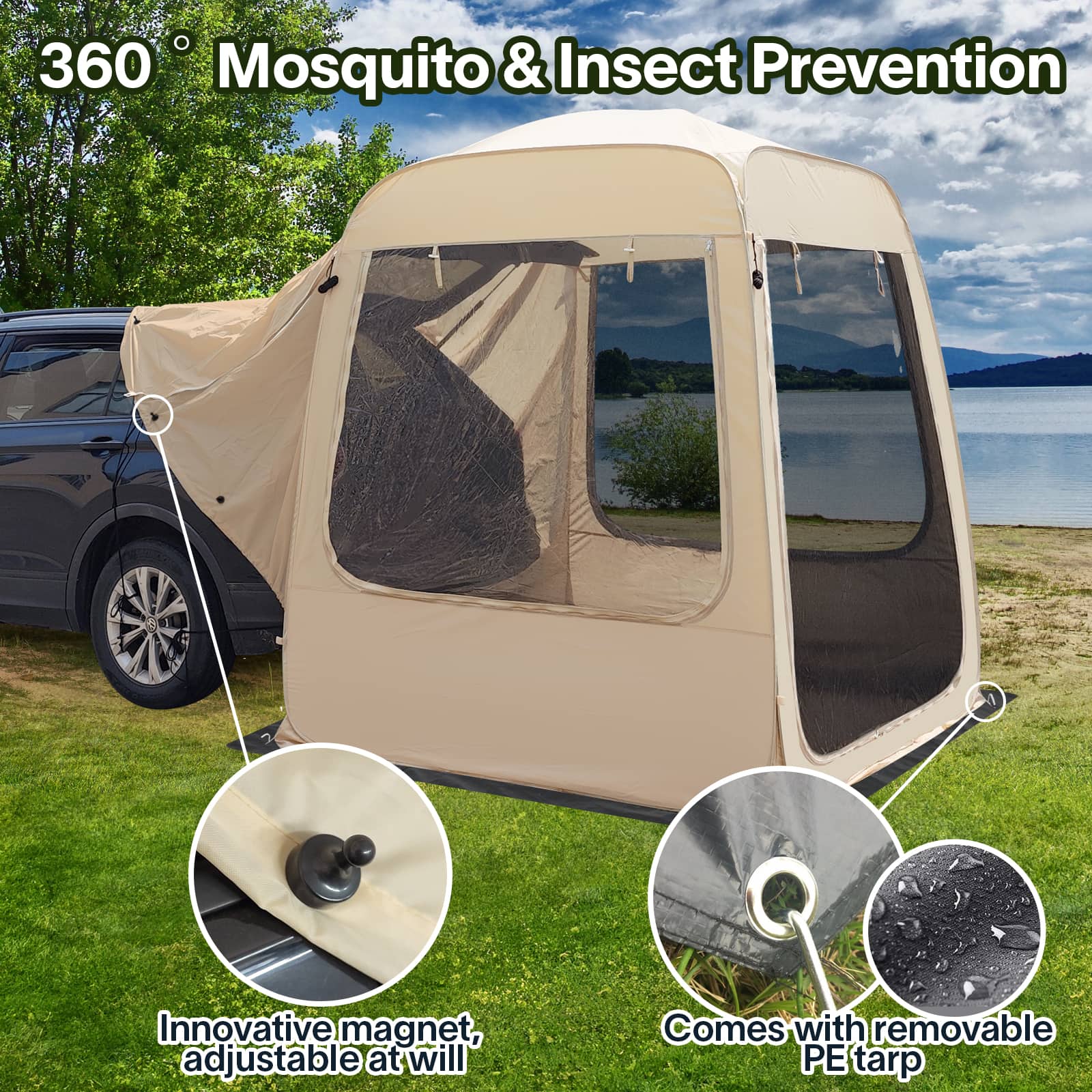 All-Weather SUV Camping Screen Tent – Pop Up Mesh Shelter with Waterproof PVC, Instant Setup Screen House for Car, Van, Outdoor Travel