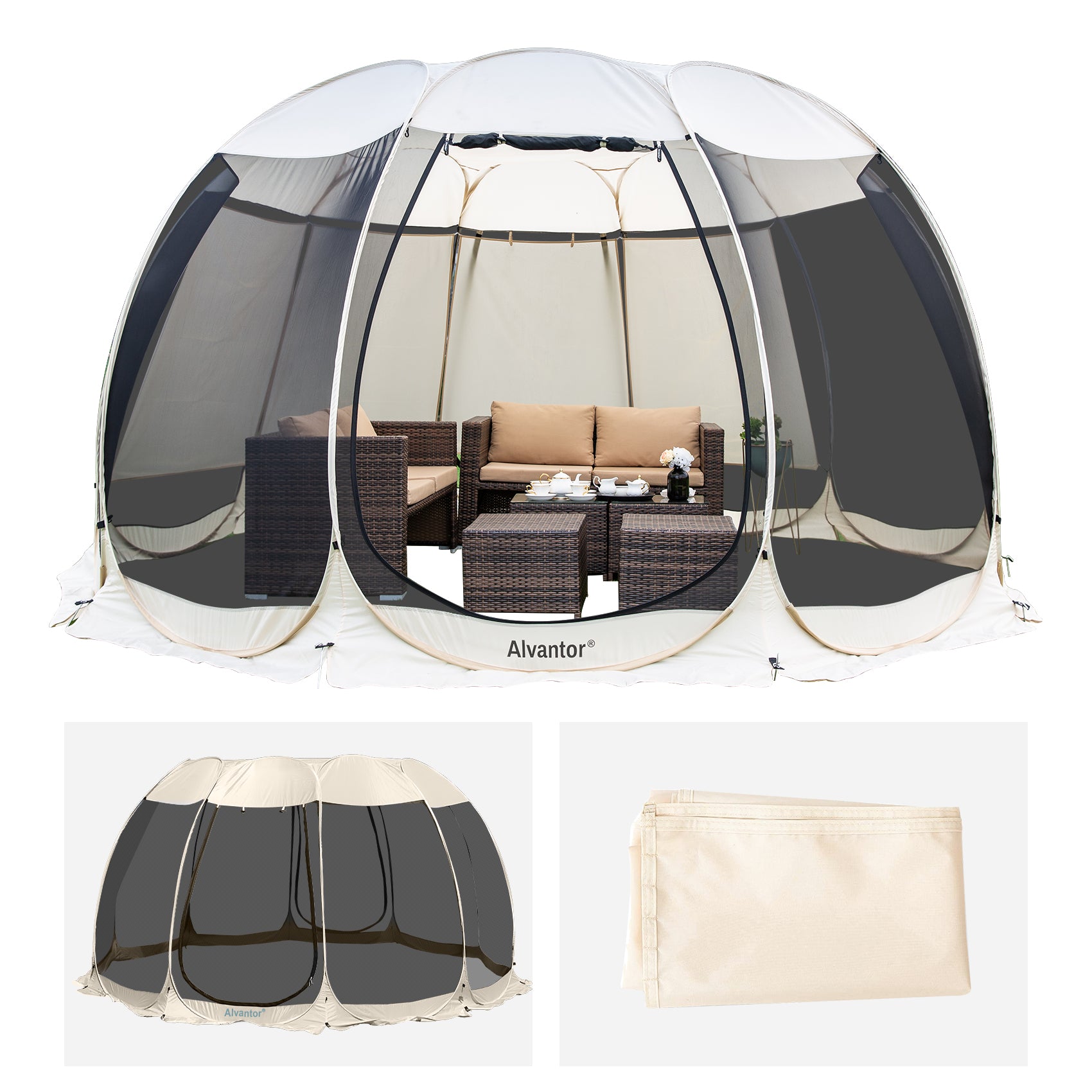 Combo: Alvantor Pop Up Screen House Gazebo Tent with Sun Shade Set, Enhanced UV Protection, 2-15 Person Outdoor Canopy Sun Shelter