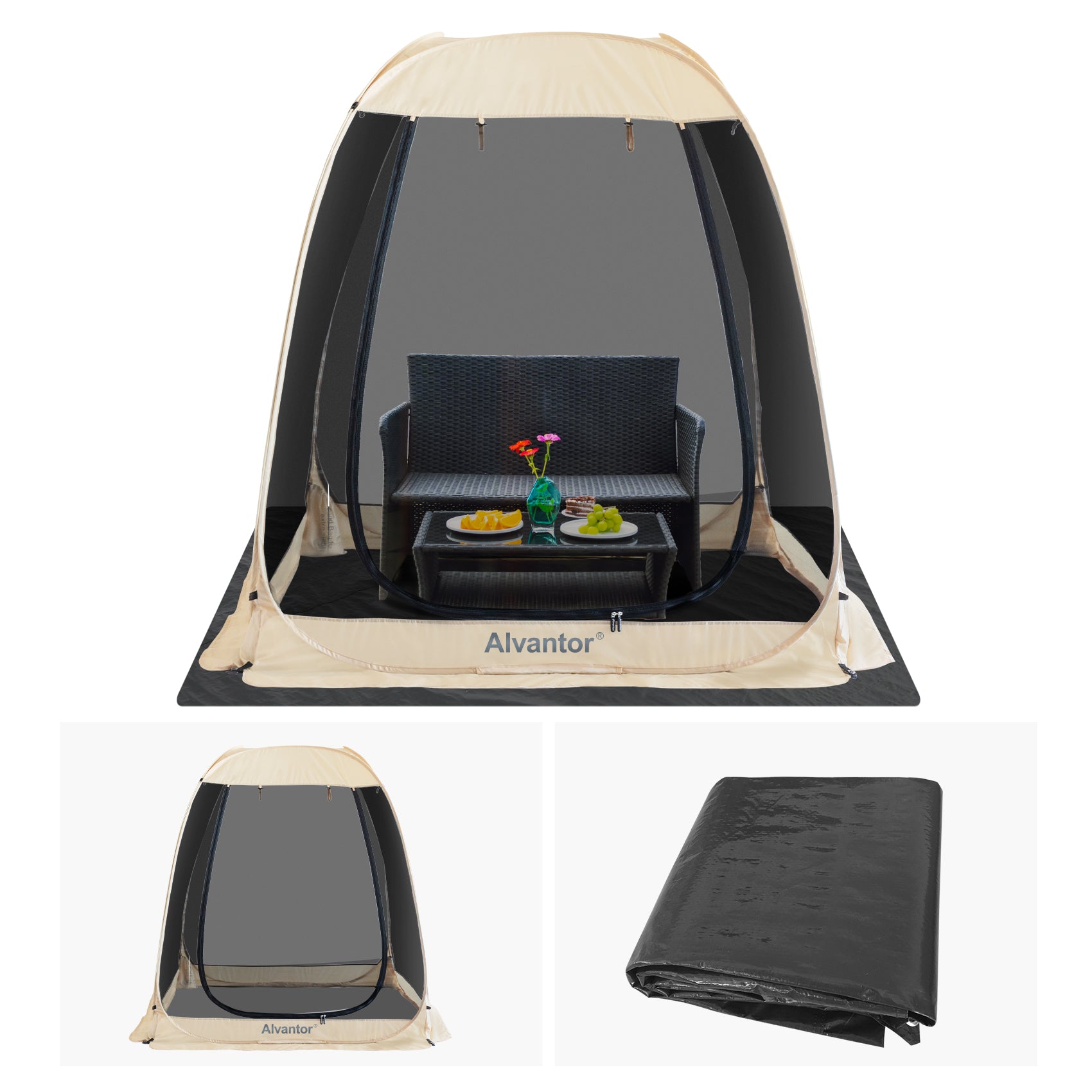 Combo: Alvantor Pop Up Screen House Gazebo Tent with PE Tarp Floor Set - 2-15 Person, Ideal for Camping, Beach, and Backyard; Enhanced Cleanliness and Comfort