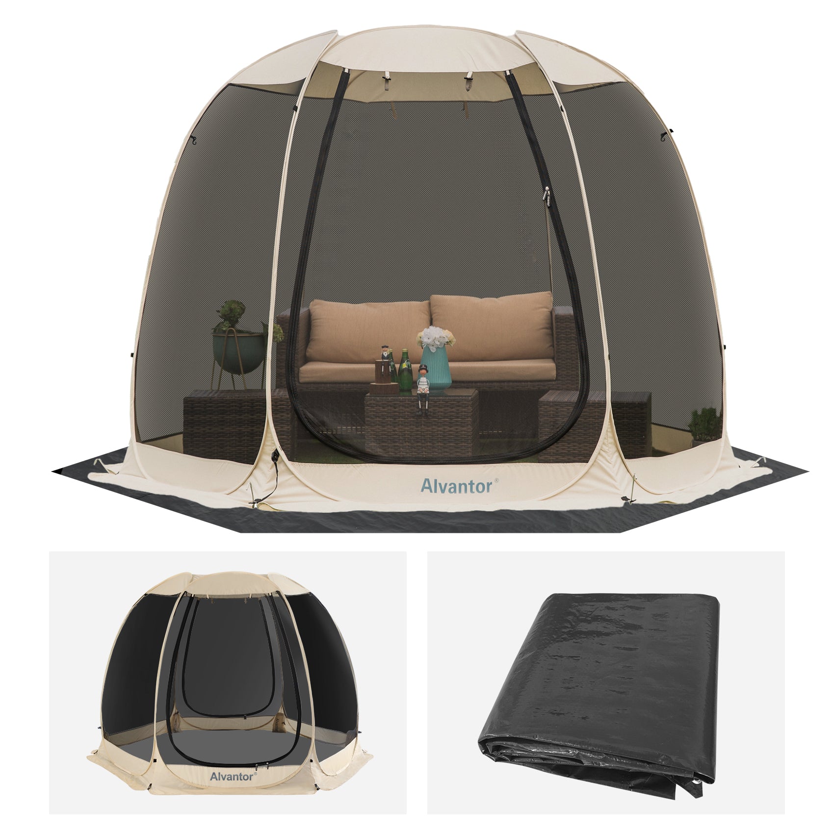 Combo: Alvantor Pop Up Screen House Gazebo Tent with PE Tarp Floor Set - 2-15 Person, Ideal for Camping, Beach, and Backyard; Enhanced Cleanliness and Comfort