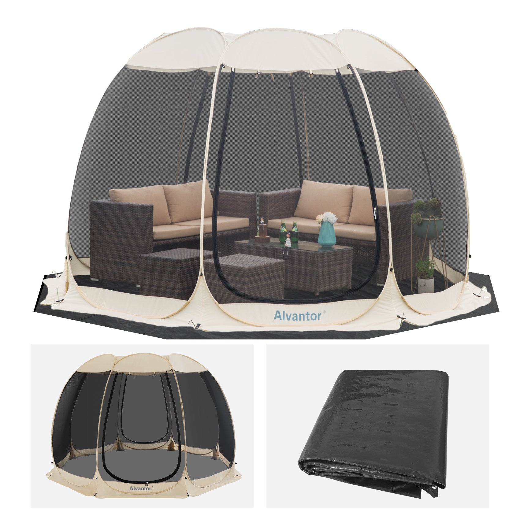 Combo: Alvantor Pop Up Screen House Gazebo Tent with PE Tarp Floor Set - 2-15 Person, Ideal for Camping, Beach, and Backyard; Enhanced Cleanliness and Comfort